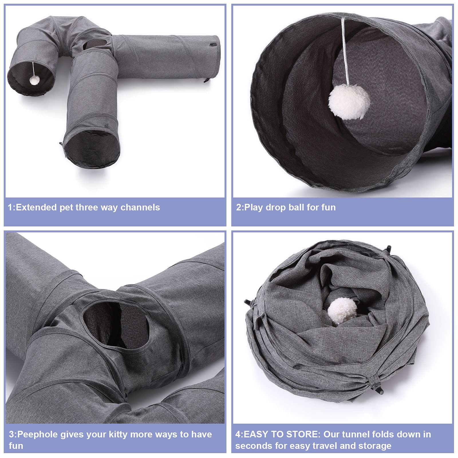 Ownpets Cat Tunnel Large 3 Way Collapsible Cloth Pet Tunnel Tube With Plush Ball & Feather Toy, U-Shaped Cat Play Tunnel For Indoor Cat, Puppy, Kitty, Kitten, Rabbit(Gray)
