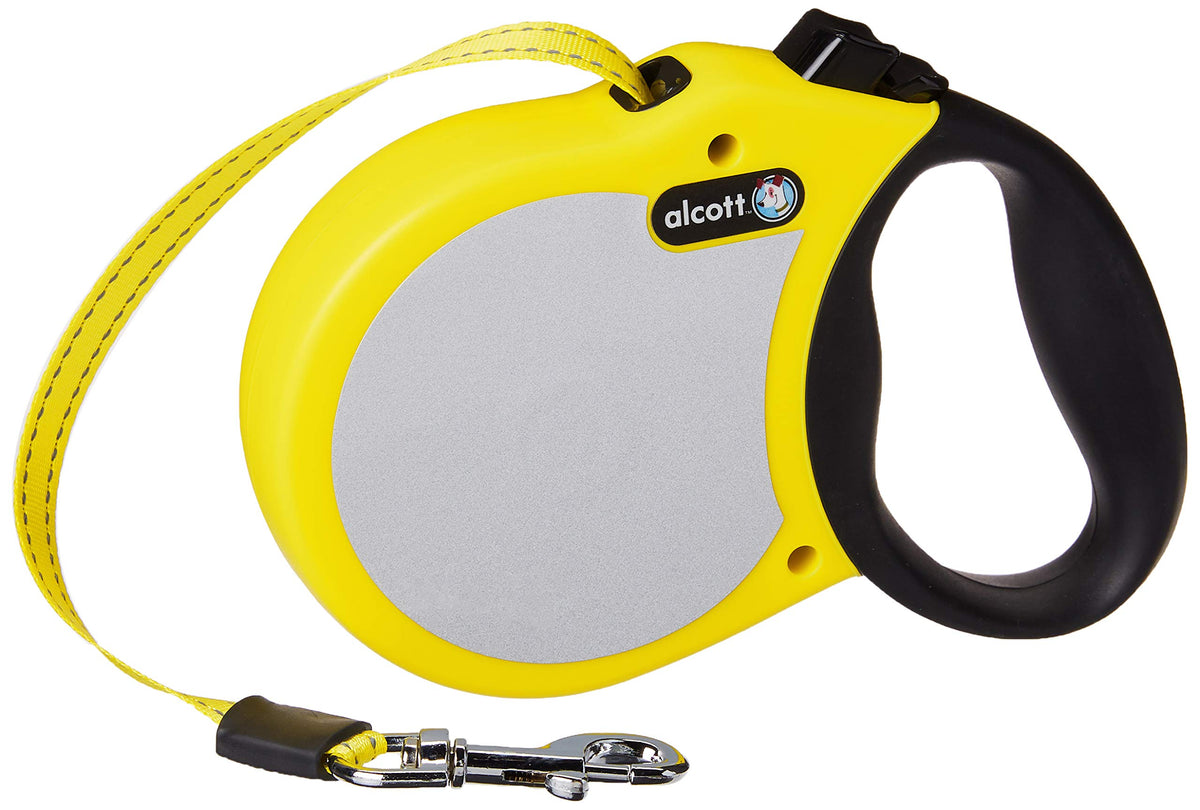 Alcott Visibility Retractable Reflective Belt Leash, 16' Long, Medium For Dogs Up To 65 Lbs., Neon Yellow With Reflective Accent