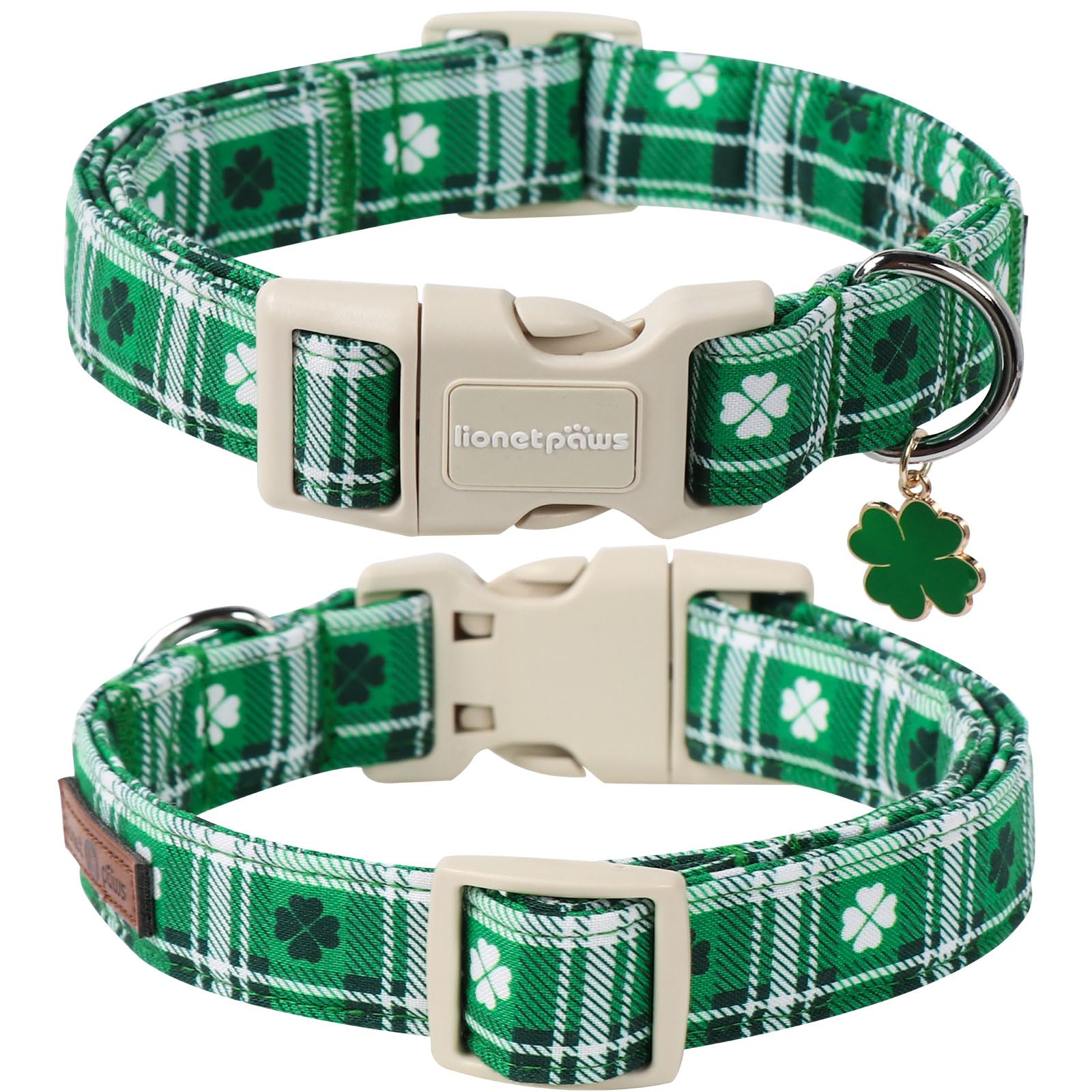 Lionet Paws St. Patrick Dog Collar, Comfortable Adjustable Green Collar With Green Grid Pattern For X-Small Male Female Puppies