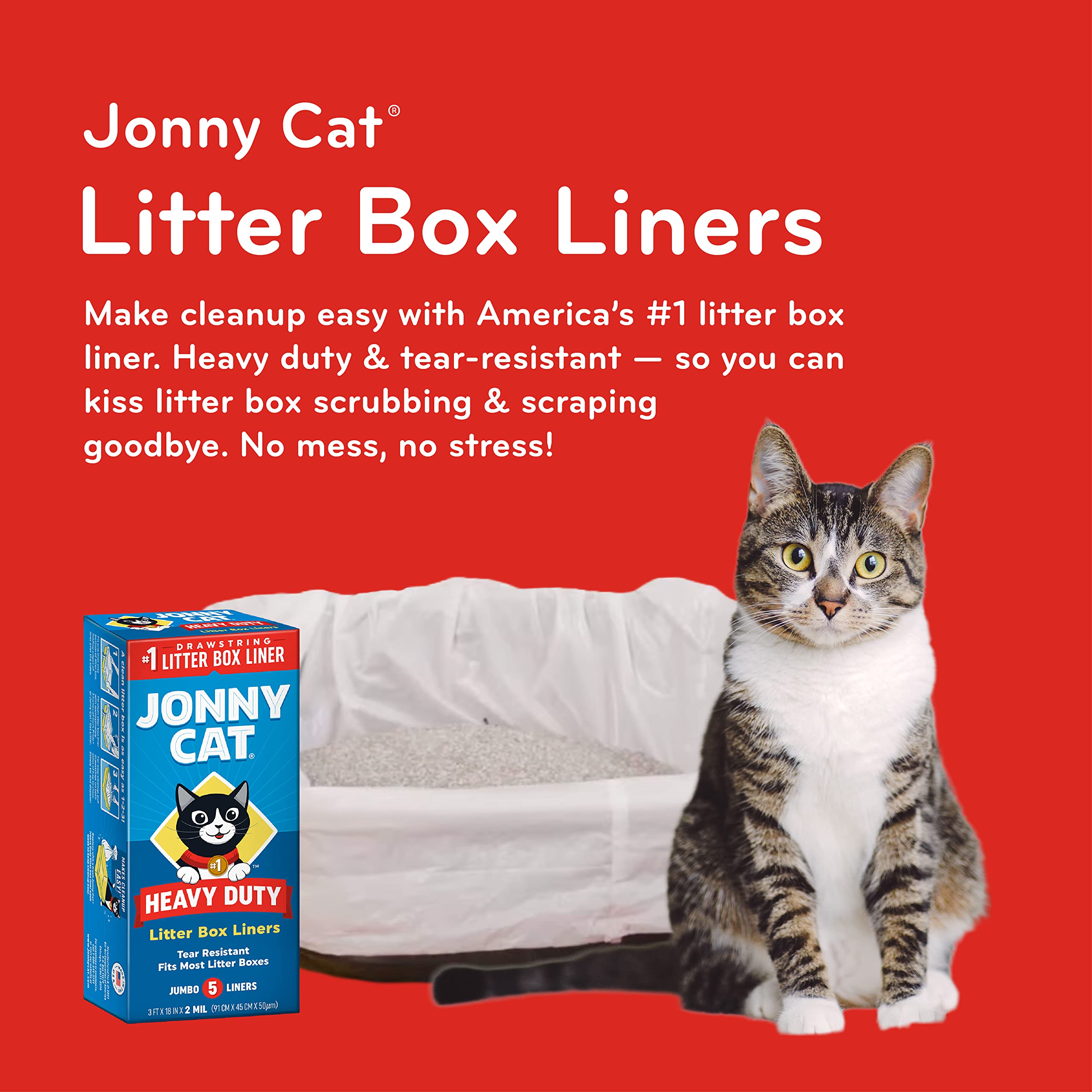 Jonny Cat Litter Box Liners: Heavy Duty - Tear & Leak Resistant - Drawstring Close - Jumbo, 15 Count