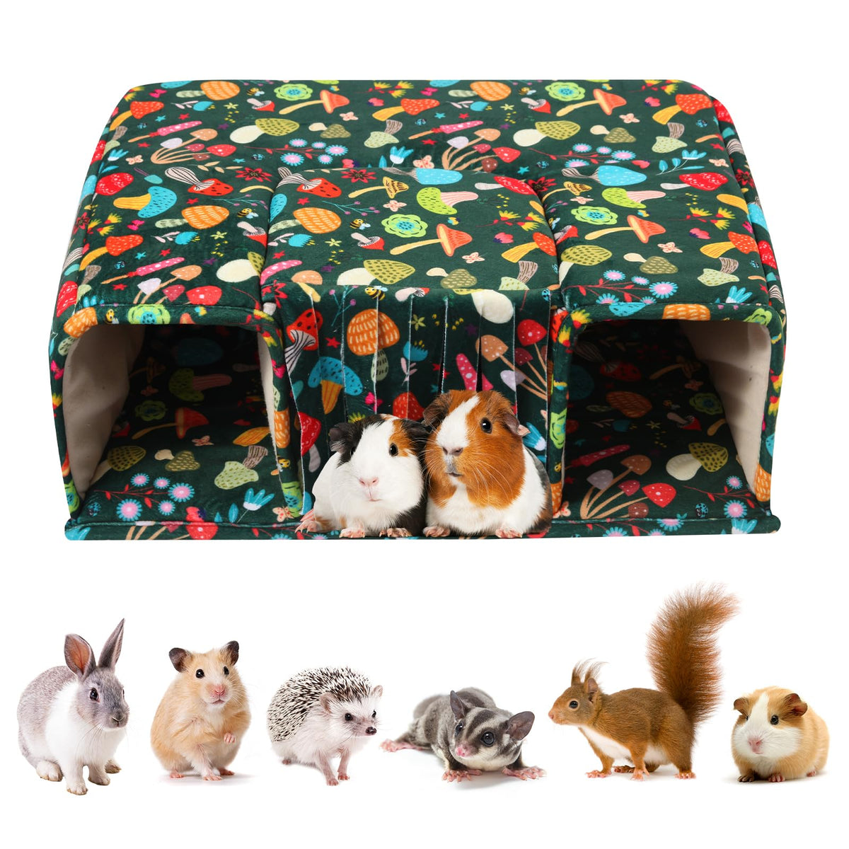 Tailowag Guinea Pig Hideout With Tunnels, Toys & Cozy House - Soft Large Bed For Small Pets - Blackish Green Mushroom