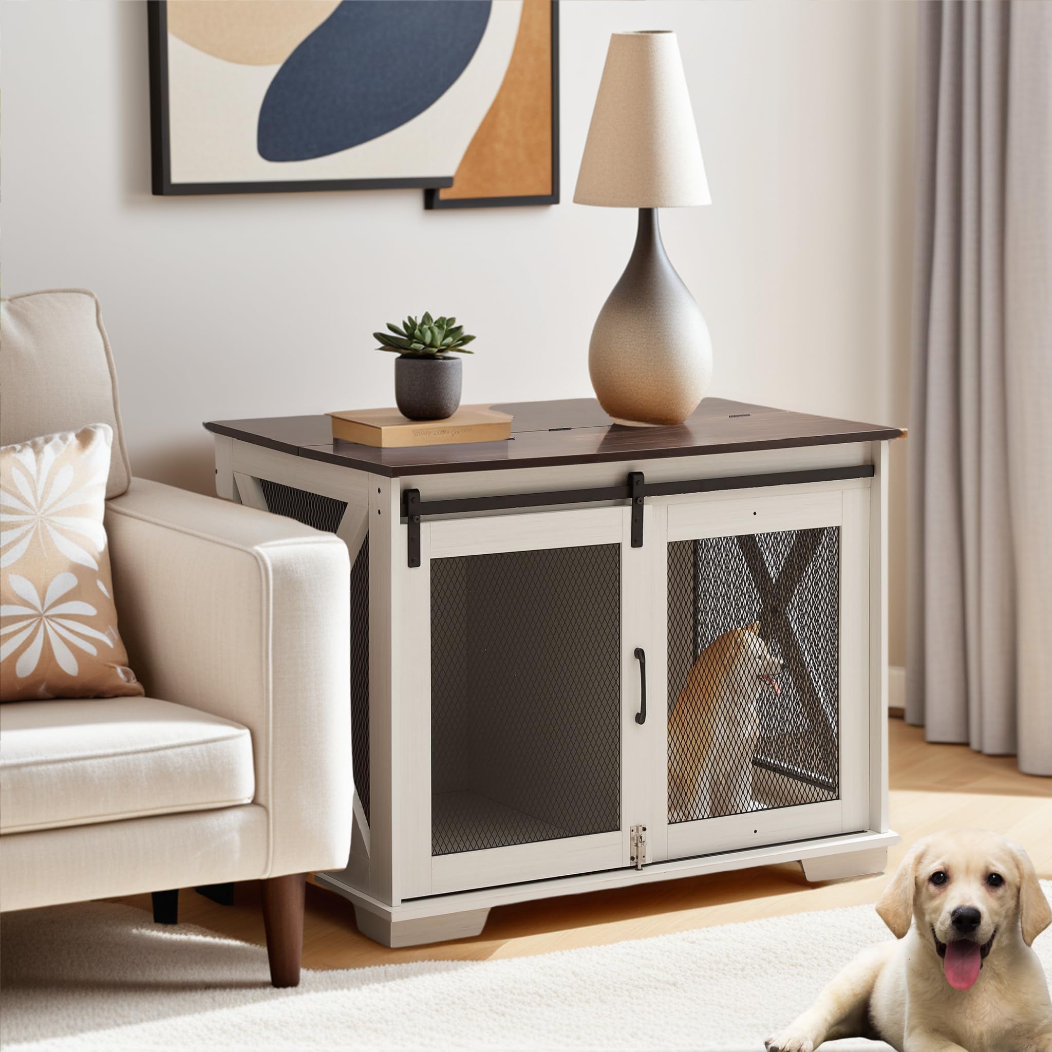 CKEASEAN 37  L Farmhouse Dog Cage Crate Furniture with Sliding Barn Door, Wooden Dog Kennel End Table with Flip-top Plate and 