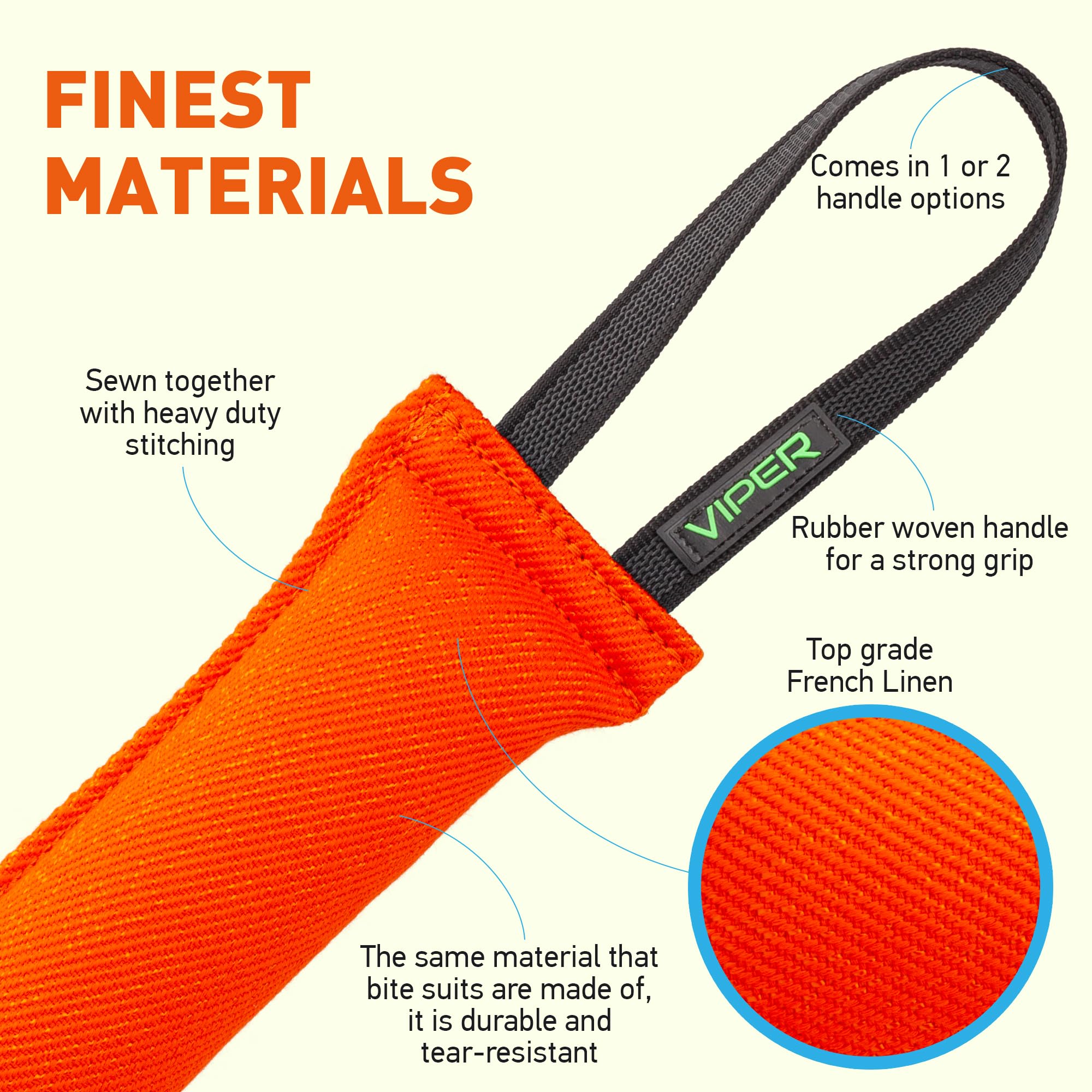 Viper Heavy Duty French Linen Dog Bite Tug Toy - K9 Trainer, Tough And Durable For Dogs Shutzhund Ipo K-9 - Orange - 12In L X 2I