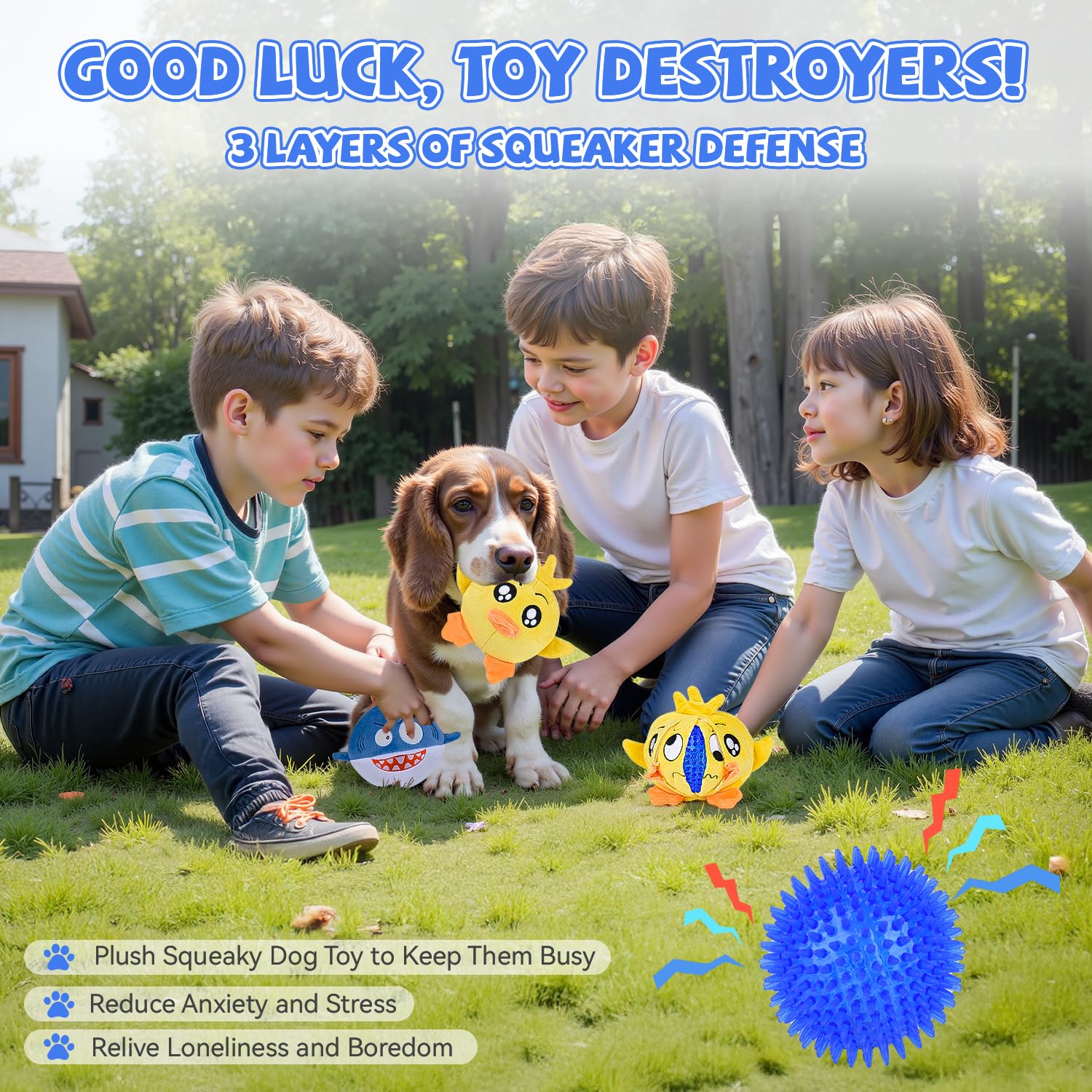 Squeaky Dog Toys For Aggressive Chewers(3In1), Interactive Durable Ball Chew Toys With Crinkle Paper & Tearable Plush, Puppy Tee