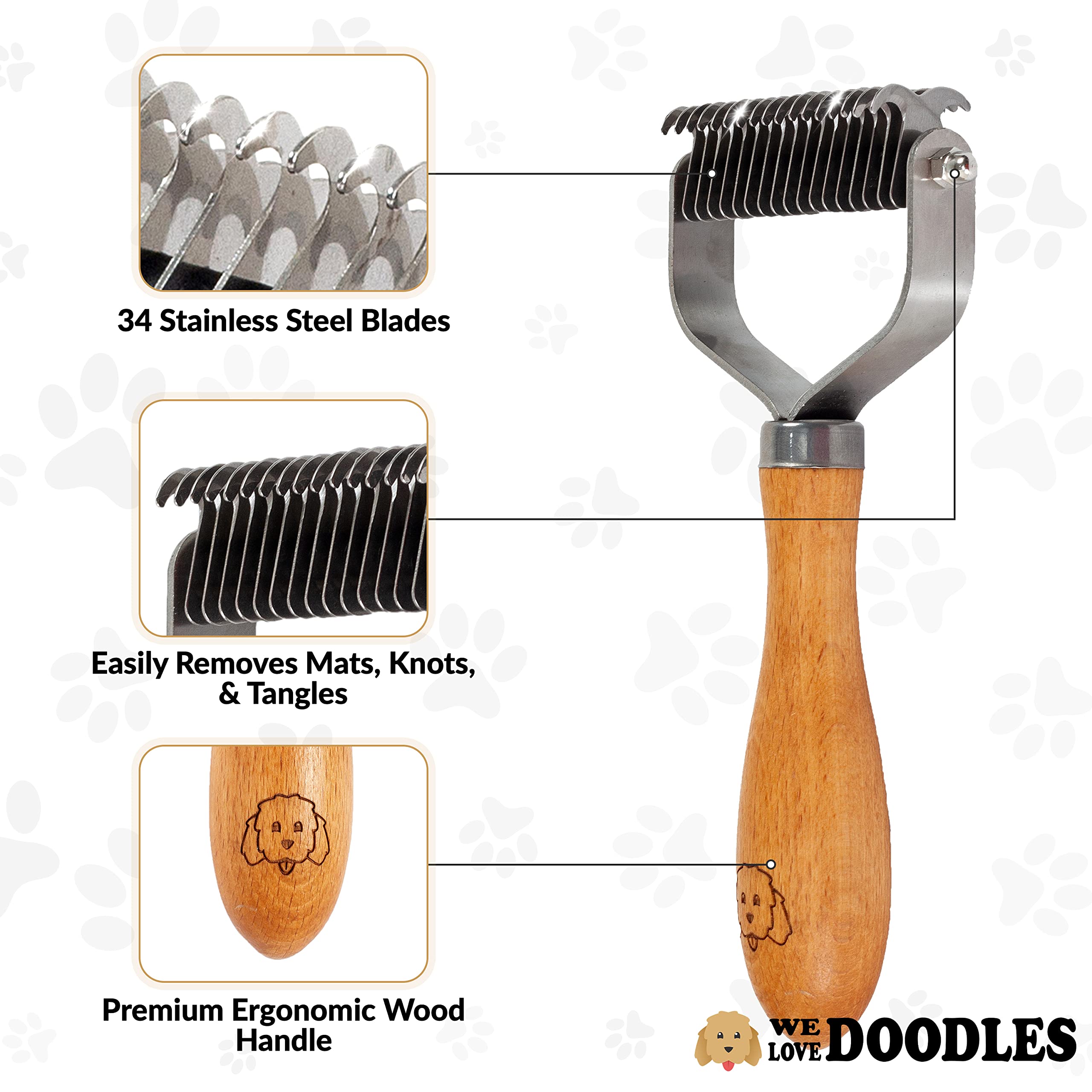 Pet Dematting Comb For Dogs And Cats With Wood Handle, Deshedding Undercoat Rake For Dogs With Stainless Steel Blades, Dog Comb