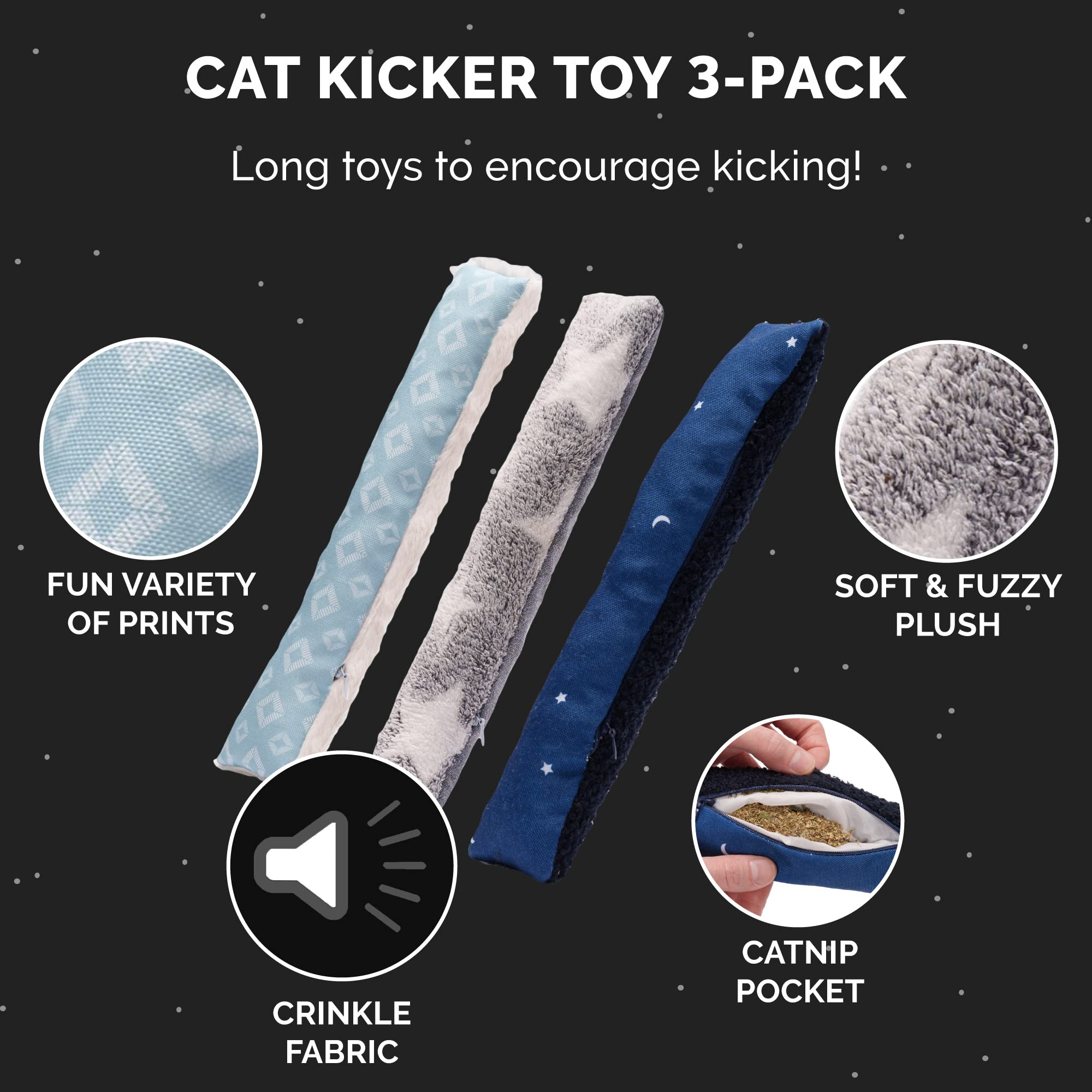 Furhaven (Set Of 3) Catnip Plush Kicker Cat Toy Set, Refillable - Space Print