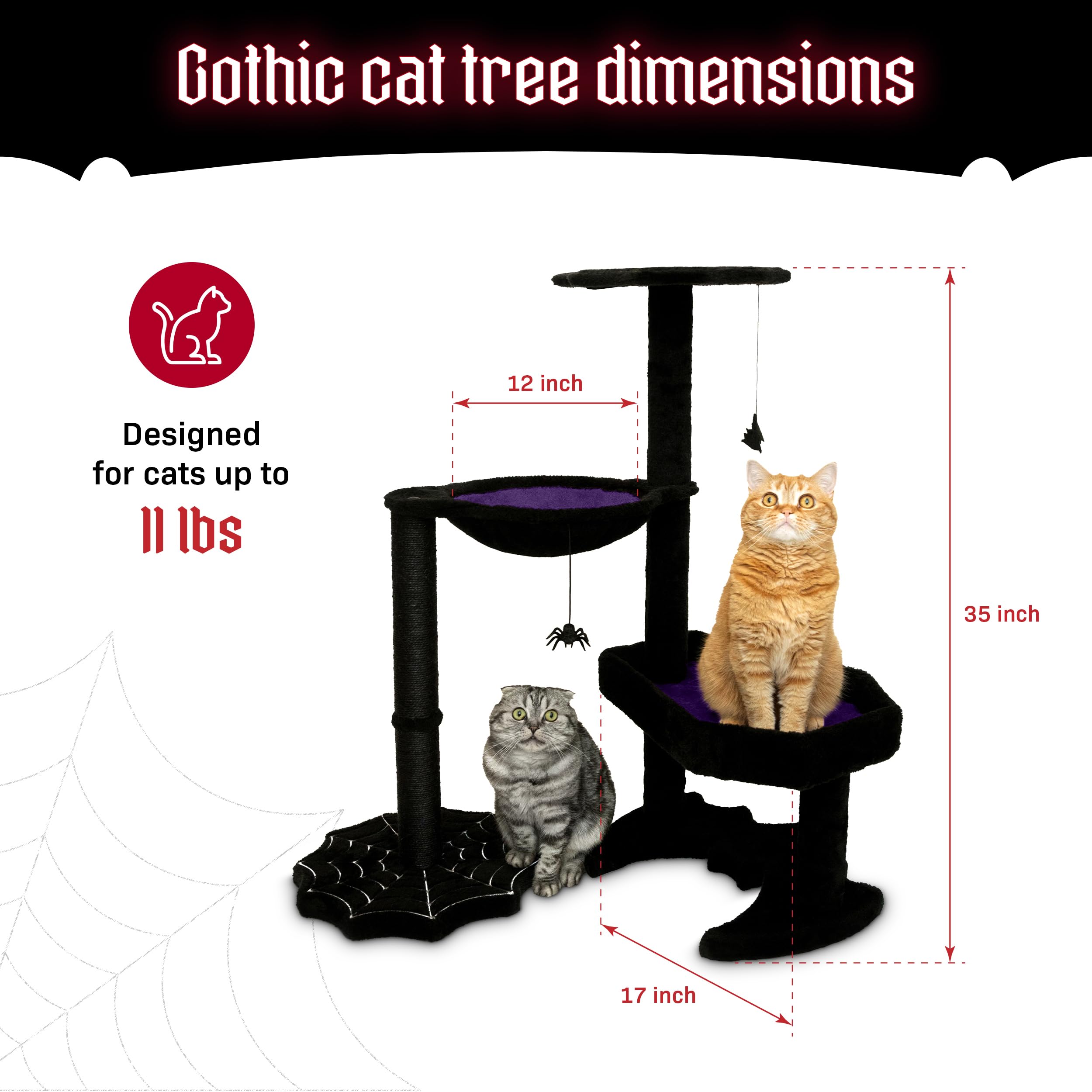 Littlesy Gothic Cat Tree With Coffin Cat Bed, Hammock, Spider & Bat Goth Cat Toys - 35 Inch Tall Coffin Cat Tree With Luxurious