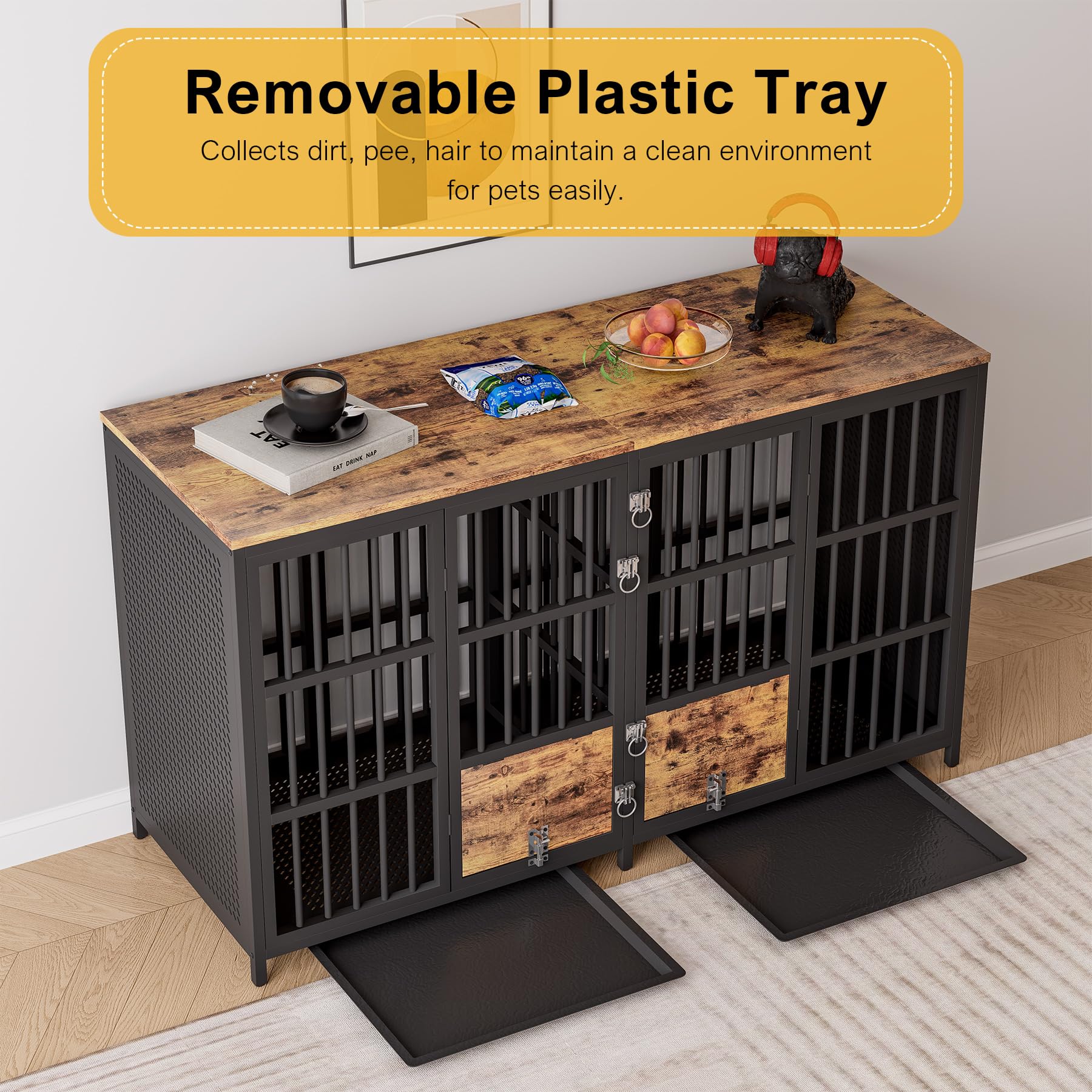 Boinn Large Dog Crate Furniture, 63 Inch Heavy Duty Double Dog Crate With Removable Divider, Extra Large Dog Kennel Furniture Tv