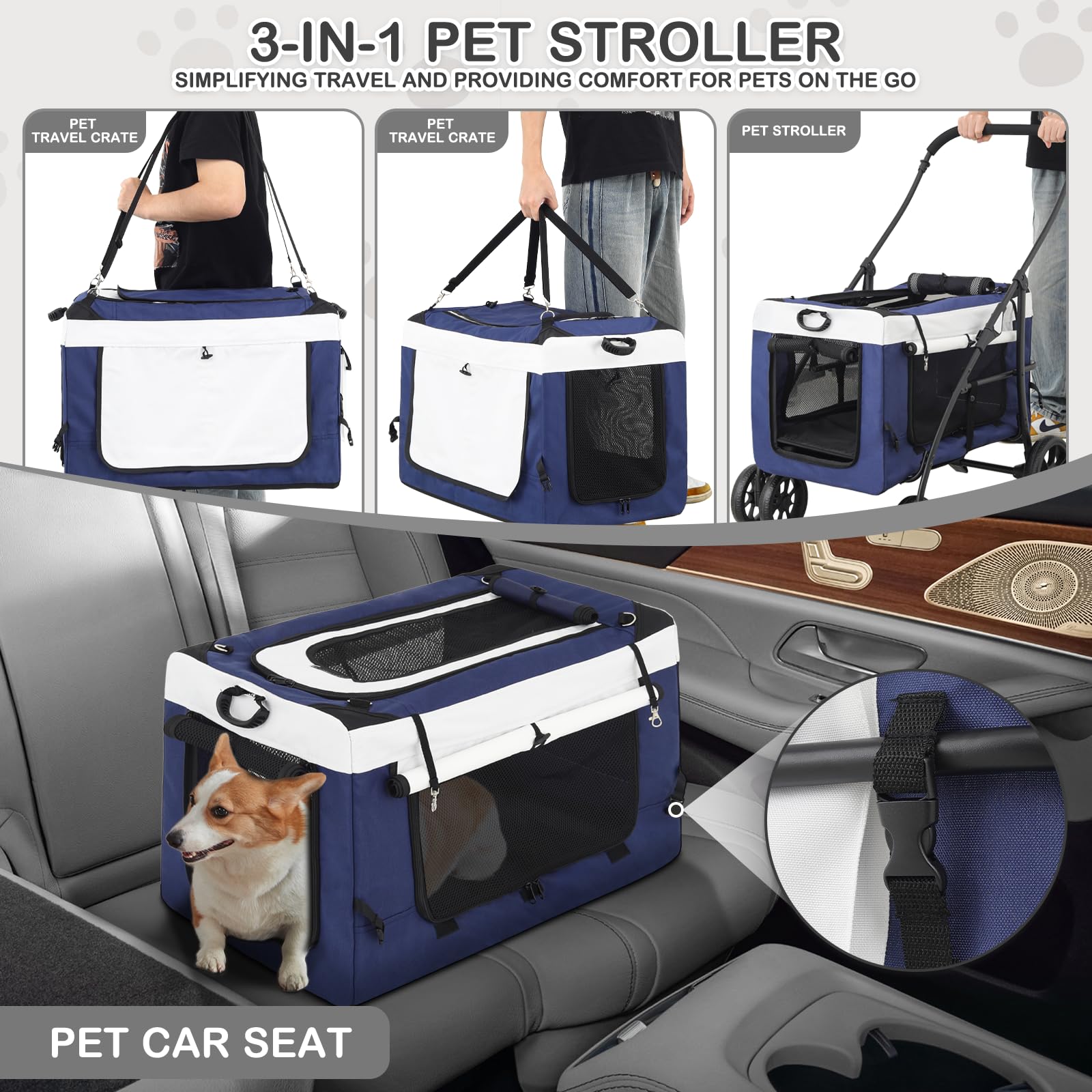 Monibloom Dog Cat Stroller For Dogs Cats, 4 Wheels Pet Stroller Jogger W/Detachable Carrier, Travel Strolling Cart, Soft Collaps