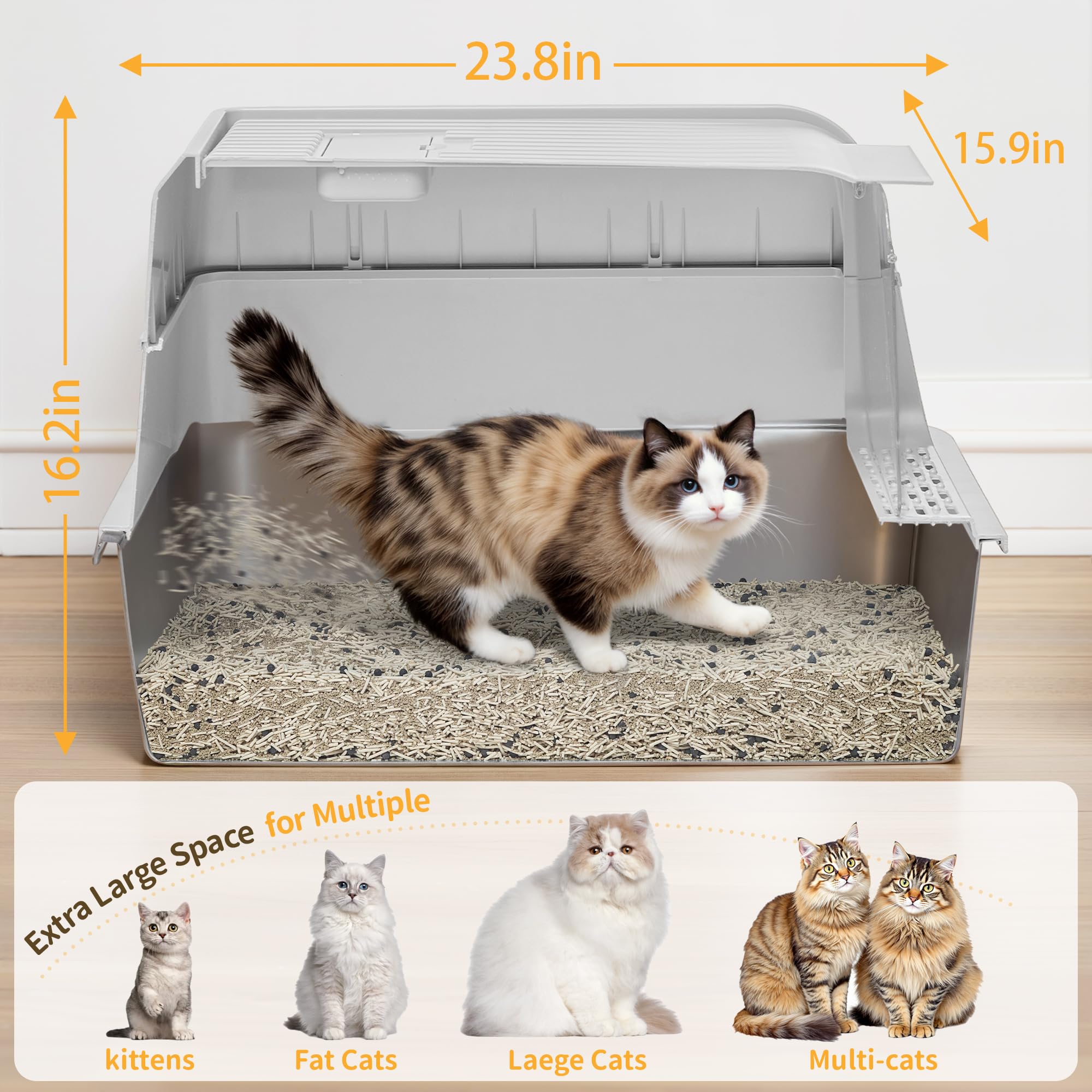 Unzipe Covered Stainless Steel Litter Box With Lid, Xl Extra Large Cat Litter Box, Enclosed Metal Litter Pan With High Sided Enc