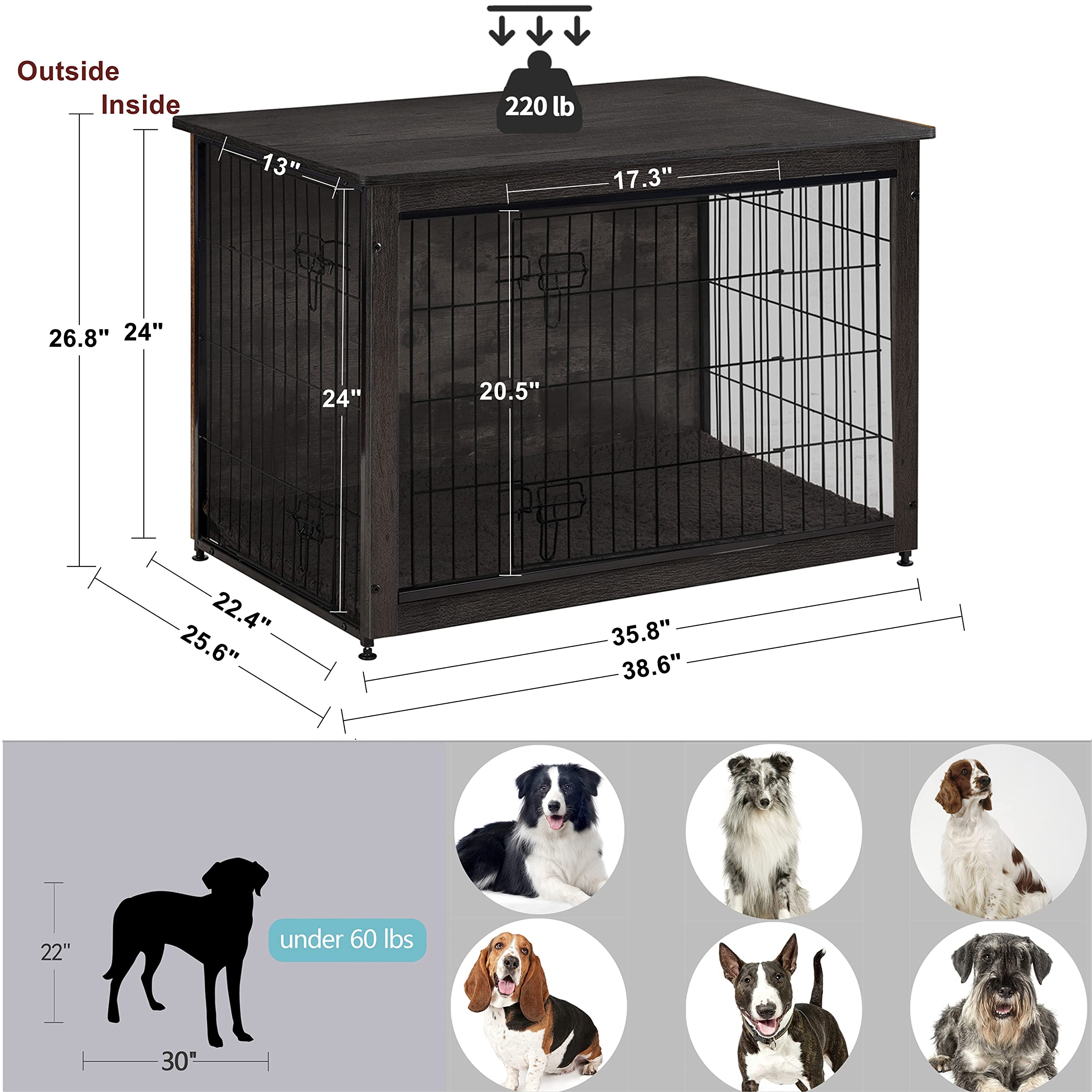 DWANTON Dog Crate Furniture with Cushion, Wooden Kennel Table with Double Doors, Indoor Dog House, Large Size, 38.5 L, Dark Gray