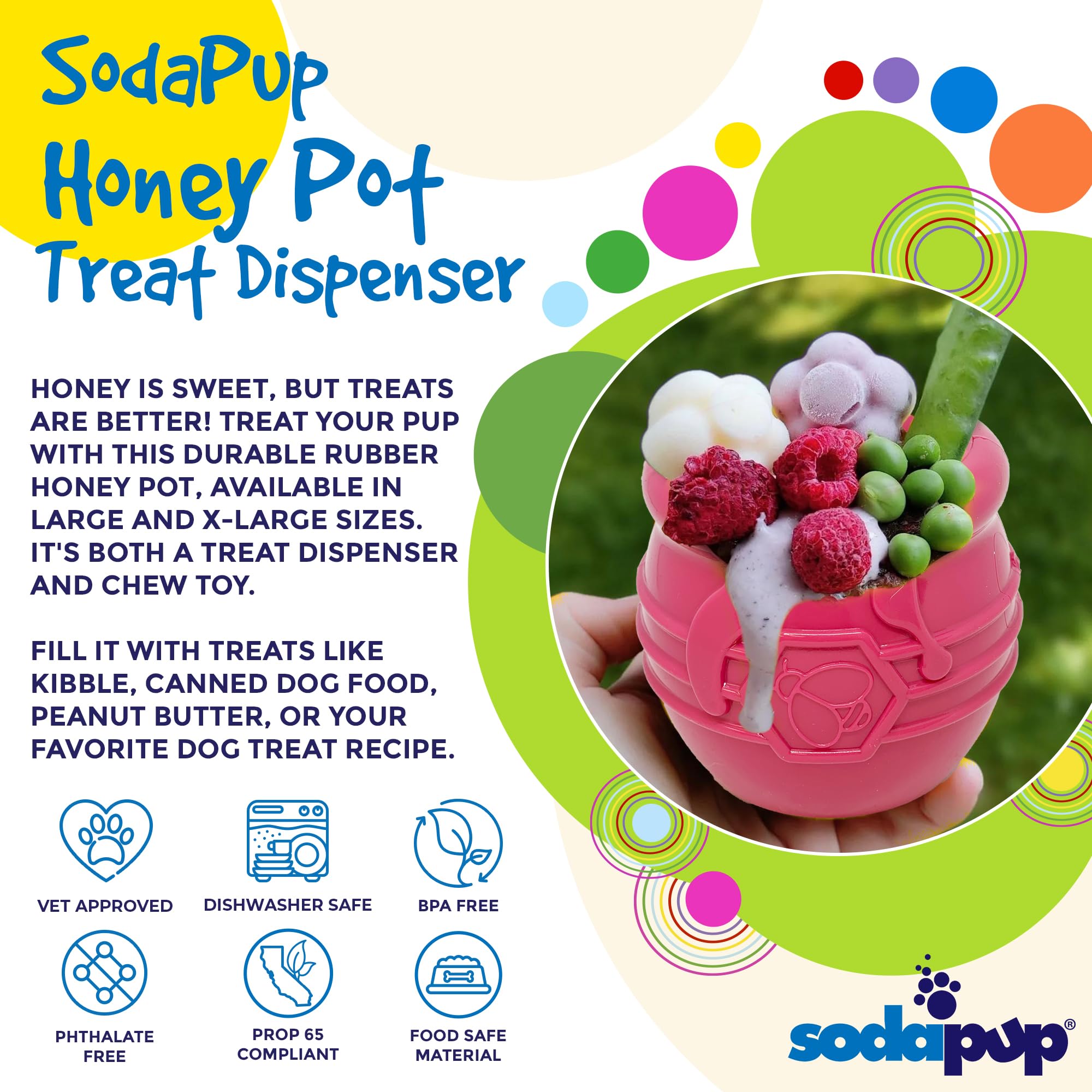 SodaPup Honey Pot - Durable Dog Treat Dispenser & Enrichment Toy Made in USA from Non-Toxic, Pet Safe, Food Safe Natural Rubber