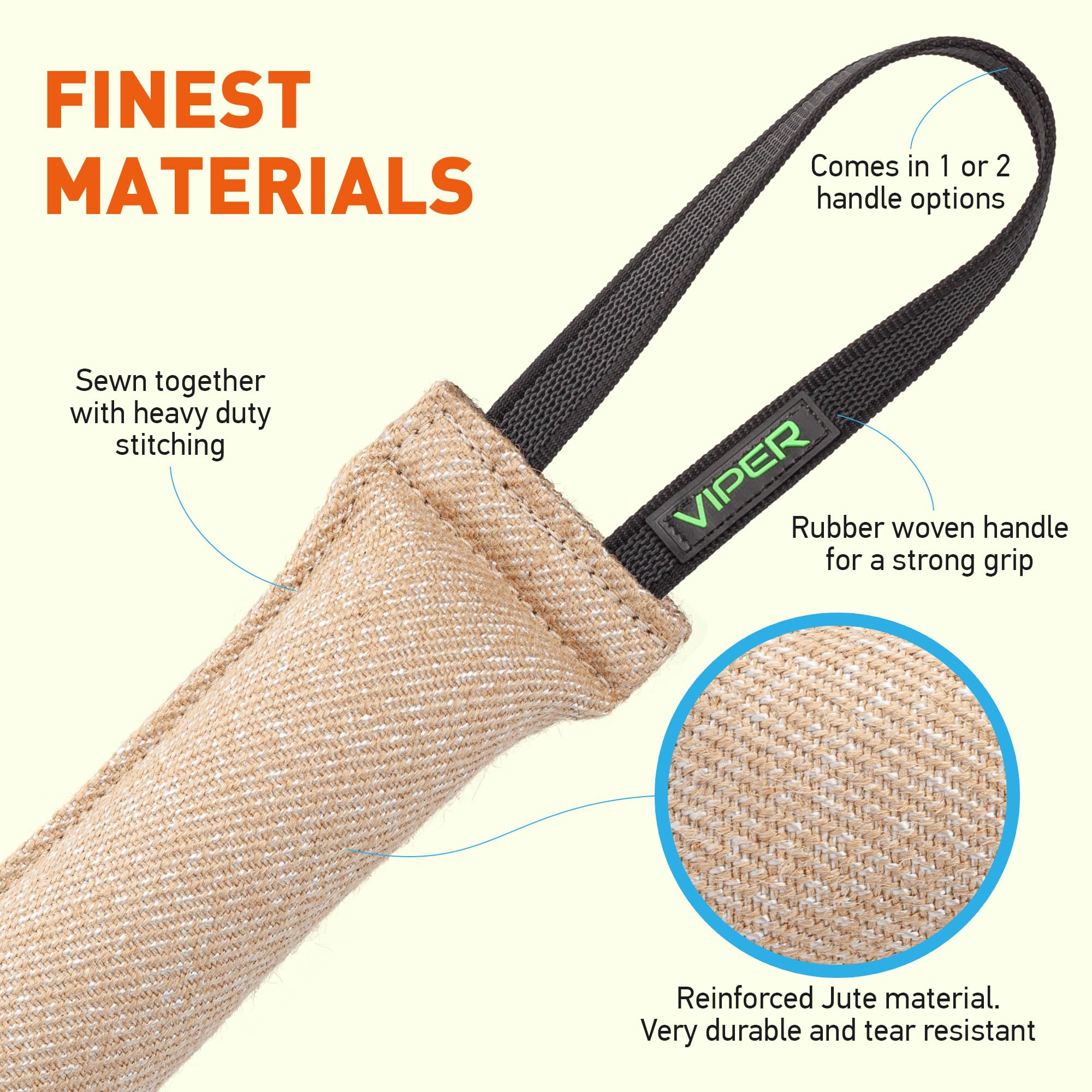 Viper Heavy Duty French Linen Dog Bite Tug Toy - K9 Trainer, Tough And Durable For Dogs Shutzhund Ipo K-9 - Jute - 8In L 1.5In W