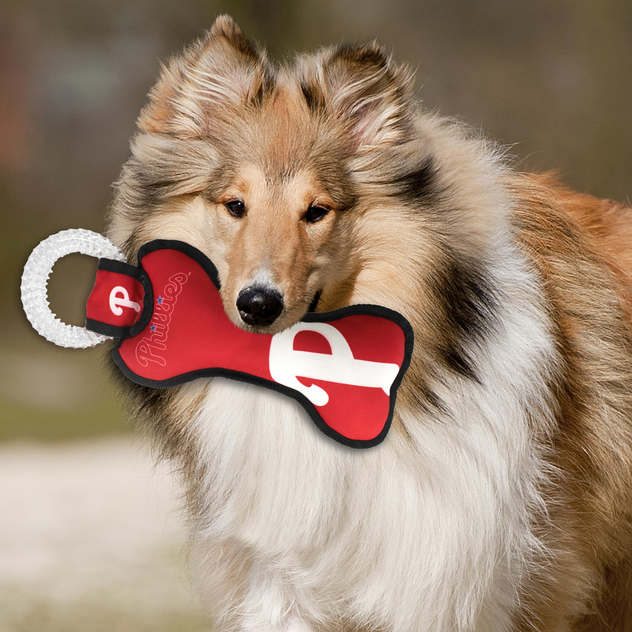 Mlb Philadelphia Phillies Bone Shaped Dental Dog Tug Toy With Squeaker. Tough Pet Toy For Healthy Fun, Teething, And Cleaning Pe