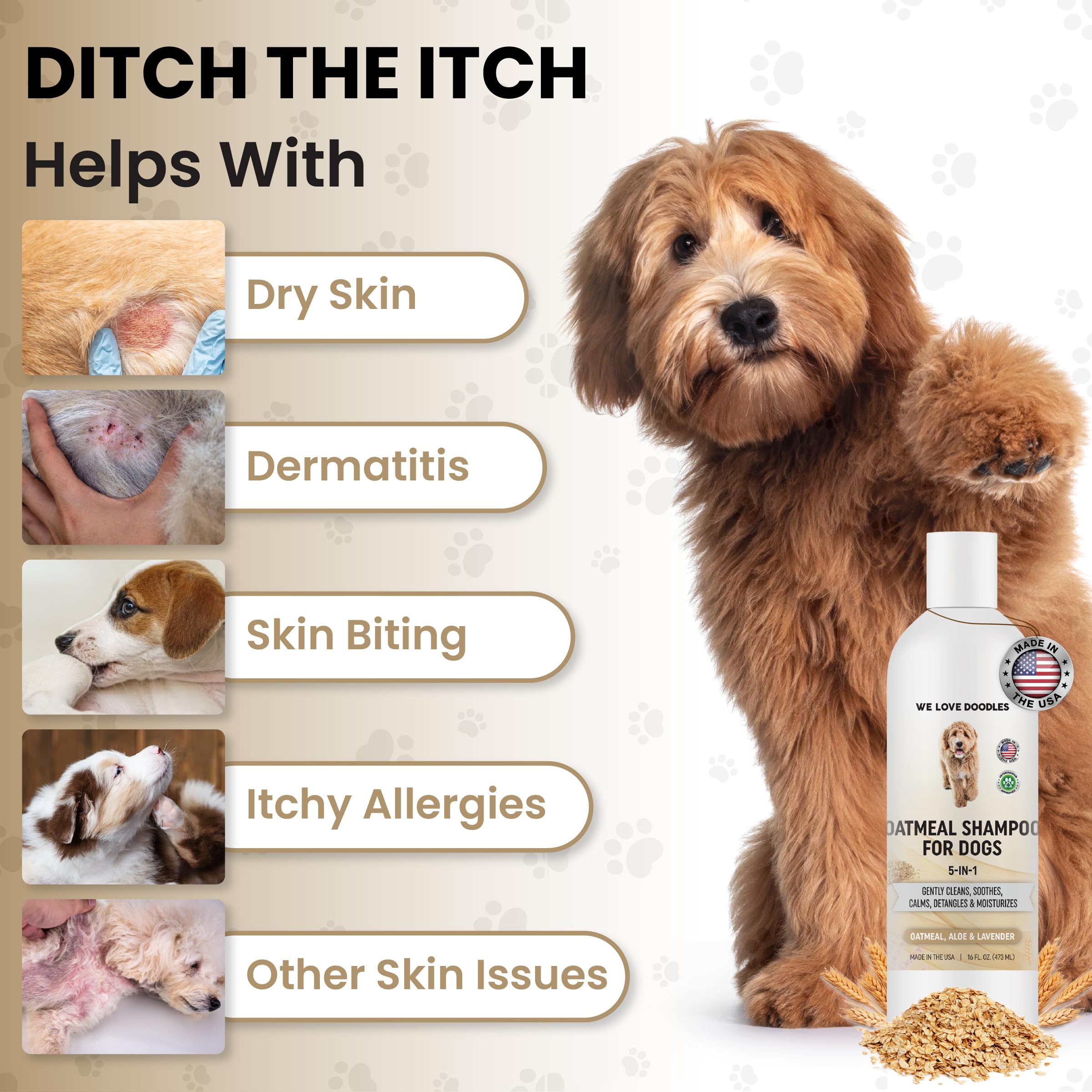 5-in-1 Premium Oatmeal Shampoo for Dogs, Gentle for Itchy & Sensitive Skin, Provides Itch Relief, Hypoallergenic & Soothing for