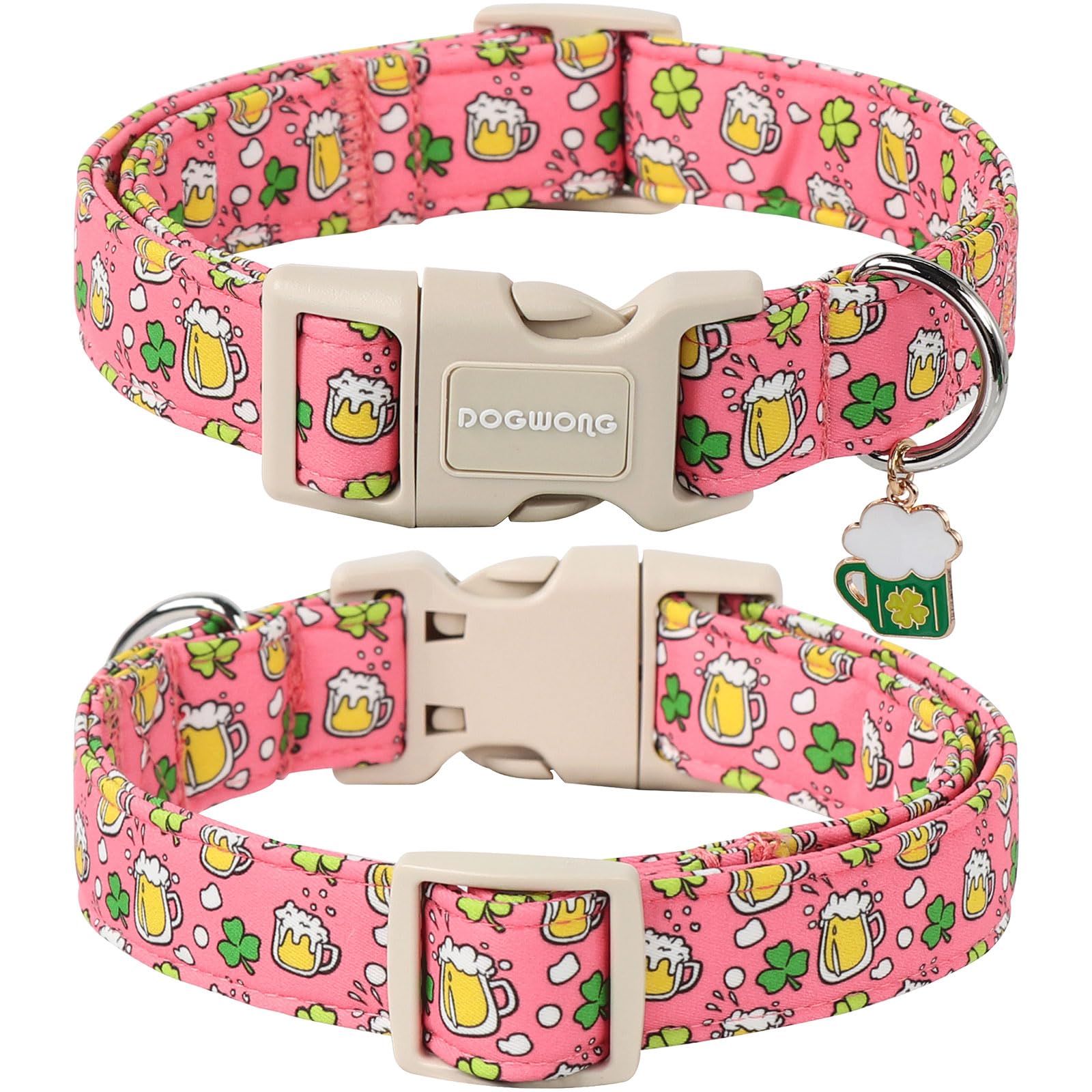 Dogwong St. Patrick'S Day Dog Collar, Pink Green Clover Dog Collars, Adjustable St. Patrick'S Day Pet Collars Beer Dog Collar Wi
