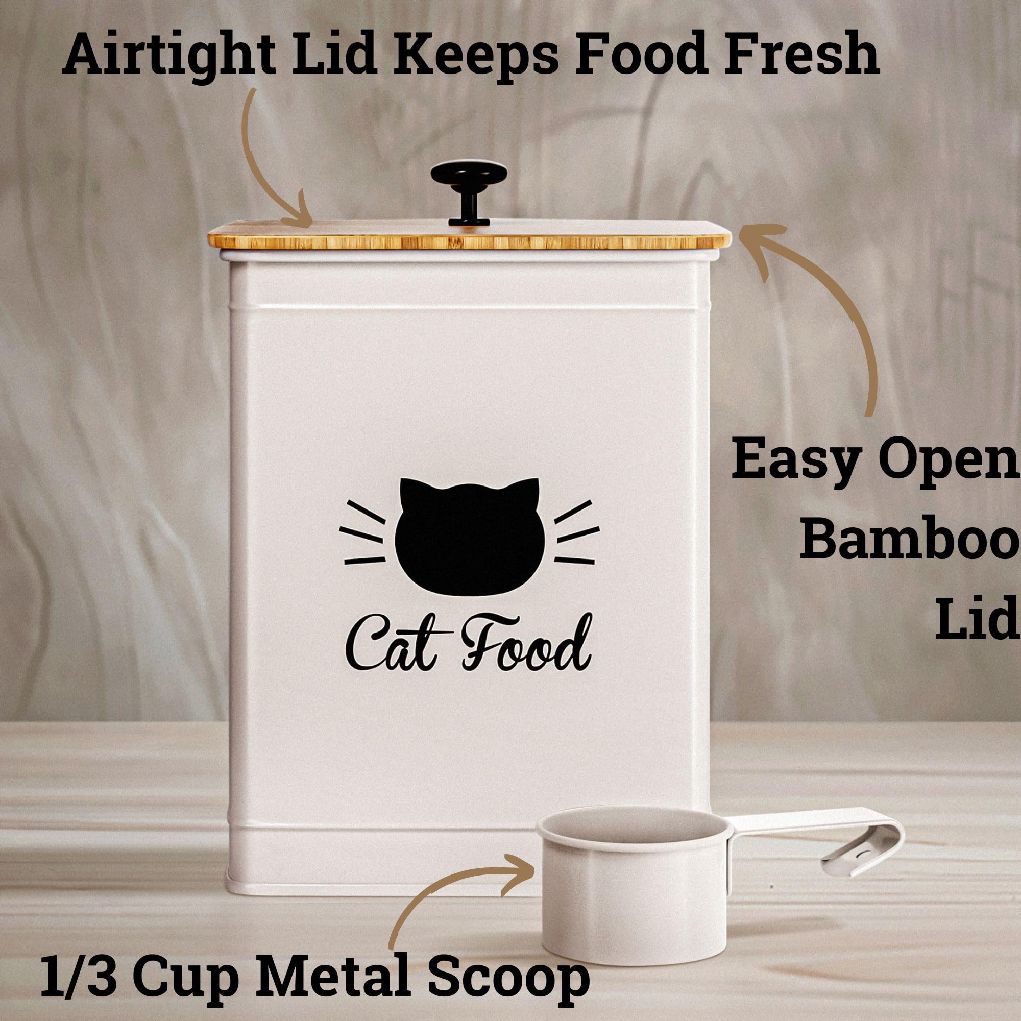 Cat Food Storage Container with Scoop - 5-7 lb (25 Cup) Capacity Metal Cat Food Container with Airtight Bamboo Lid and Metal Sco