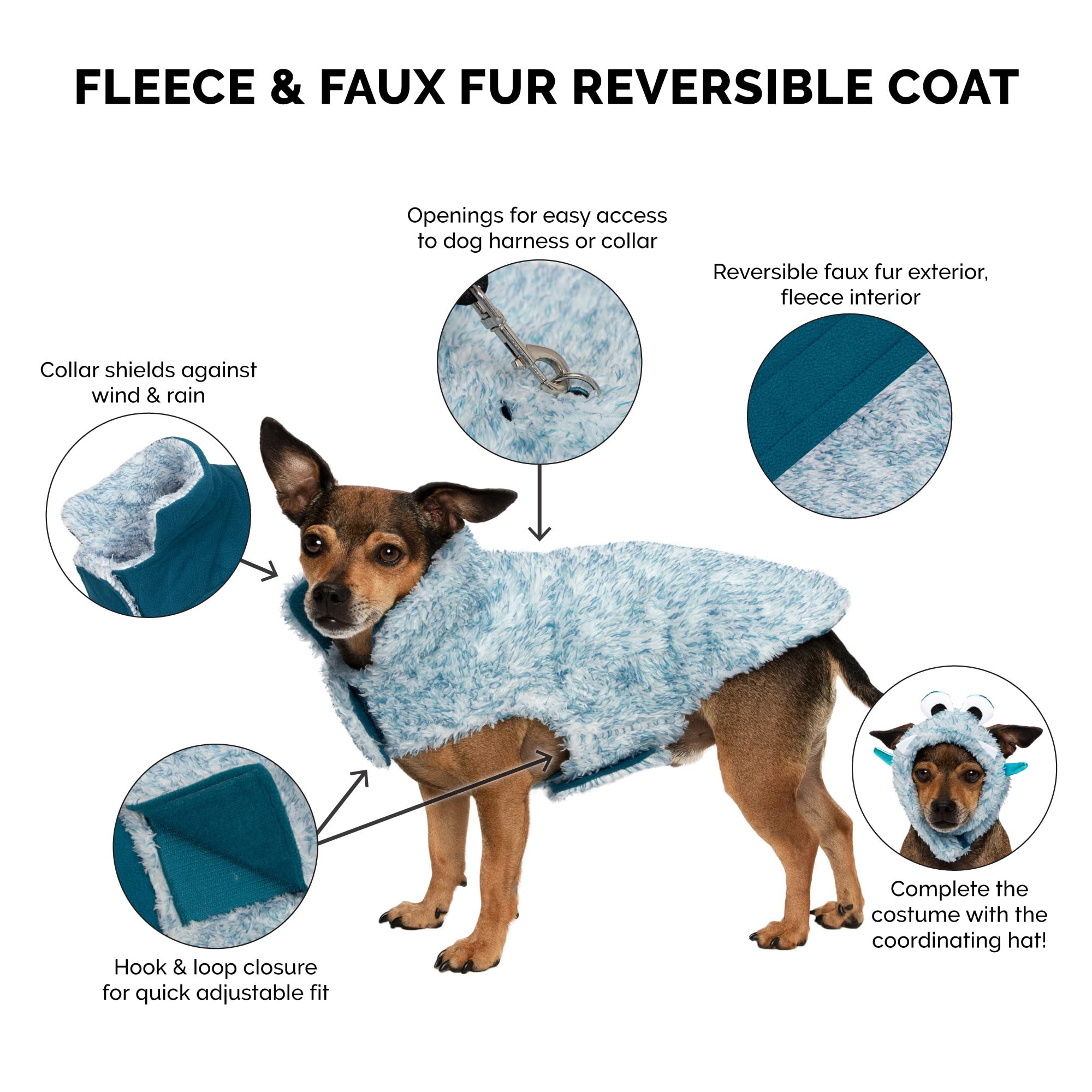 Furhaven Reversible Small Dog Coat, Washable & Insulating W/ Leash Access - Two-Tone Faux Fur & Quilted Fleece Flex-Fit Jacket - Marine Blue, Small