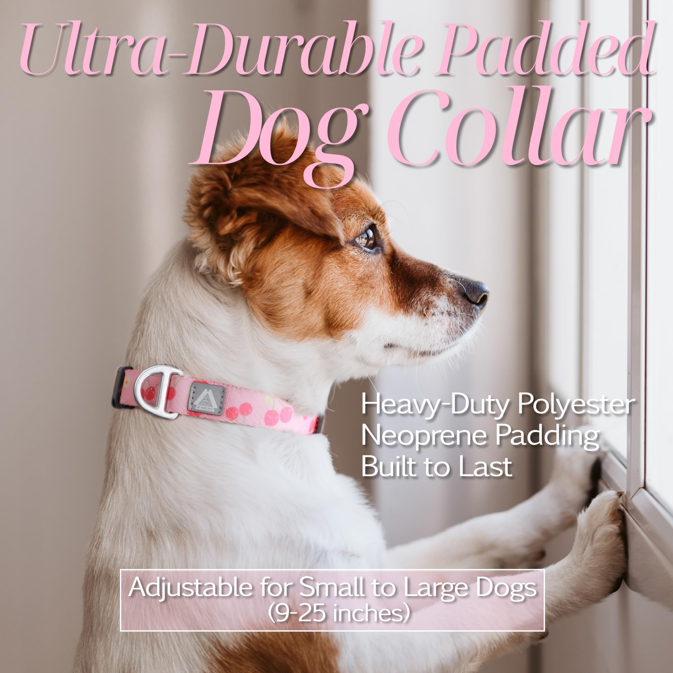 Jc House Dog Collar For Large Dogs With Reflective Logo And Soft Padded Neoprene,Pink Cherry Design,Adjustable,Lightweight & Dur