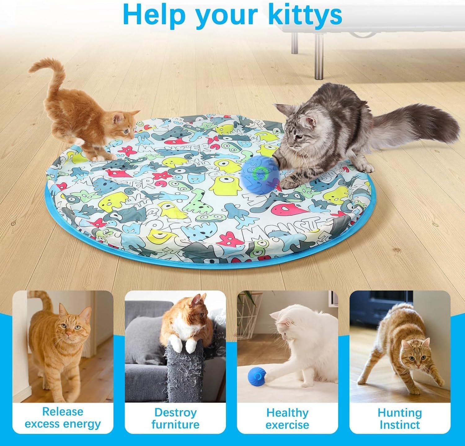 Zelikovitz Interactive Cat Toys, Fast Bouncing & Rolling Ball In Play Mat, Automatic Motion Activated Moving Ball Hide And Seek