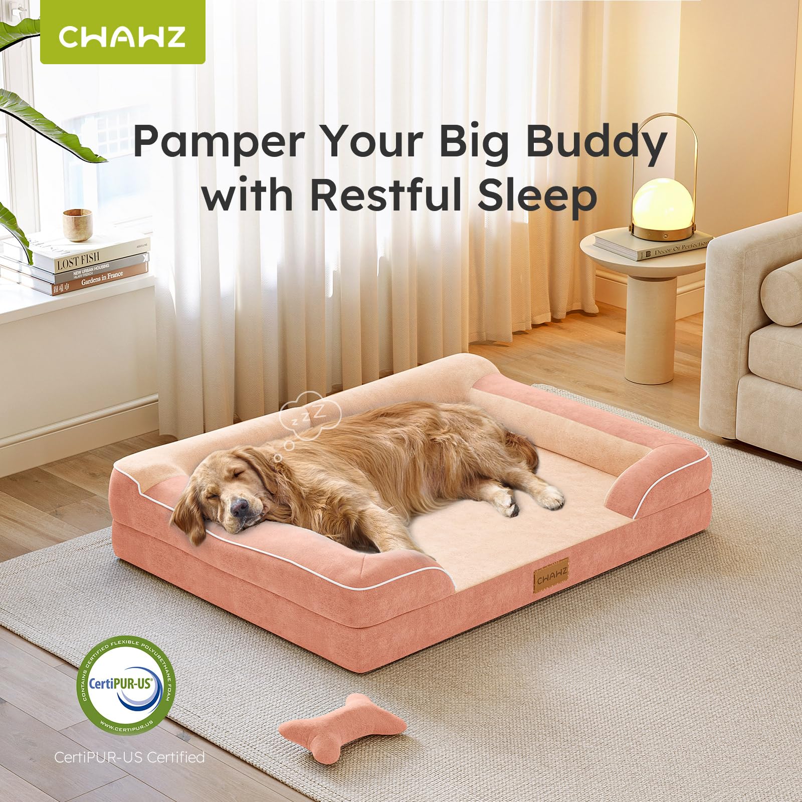 CWAWZ XXL Orthopedic Dog Bed, Cooling Gel Memory Foam, Waterproof, Velvet, 53" Pet Sofa, Peach Pink, Model GSFBC53WPTDDEFBA1