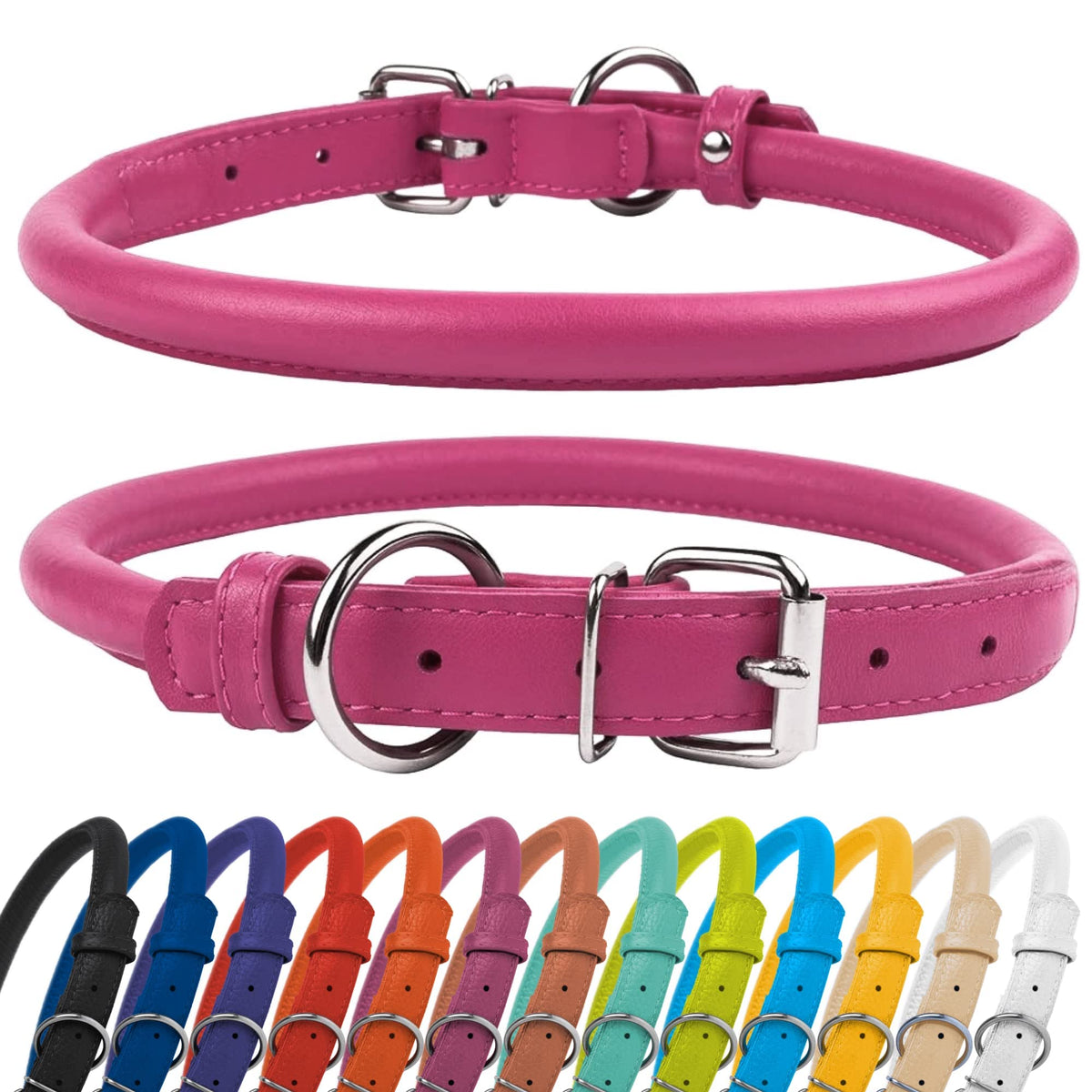 Collardirect Rolled Leather Dog Collar, Soft Padded Round Puppy Collar, Handmade Genuine Leather Collar Dog Small Large Cat Coll