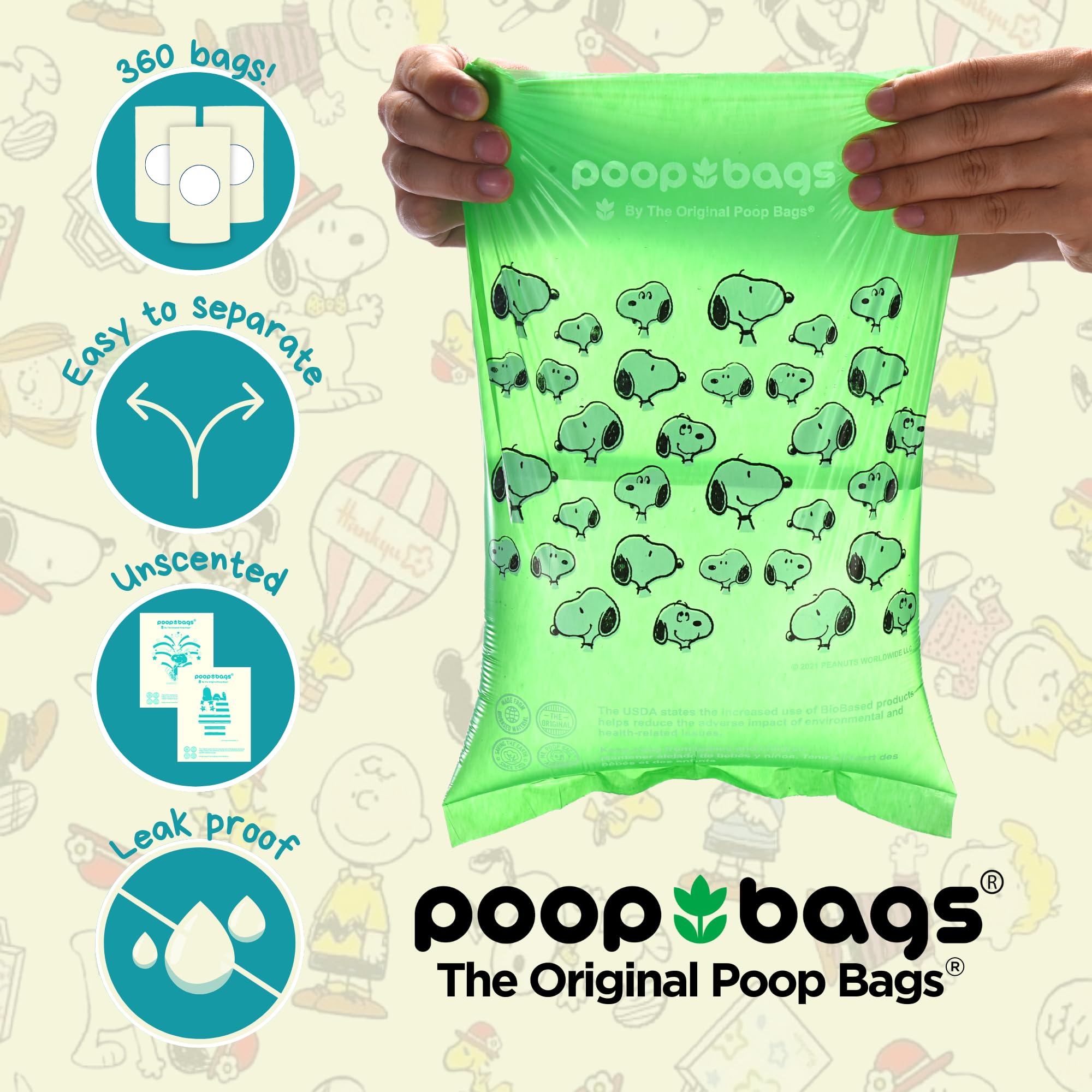 The Original Poop Bags USDA Biobased Pet Waste Bags - Peanuts Characters - Durable, Leak Resistant, 360 Count, BLK/GREEN