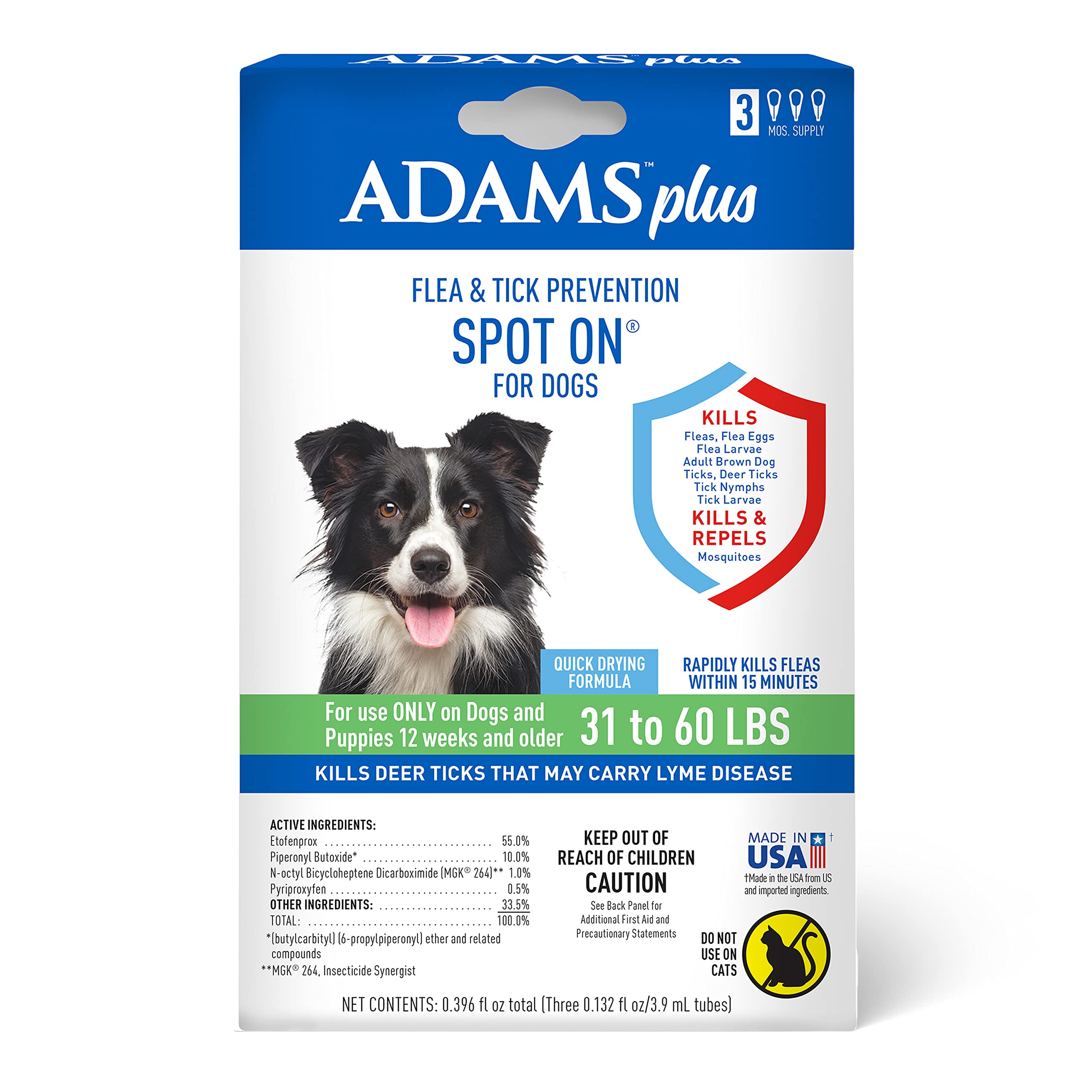 Adams Plus Flea & Tick Prevention Spot On for Dogs 31-60 Pounds | 12 Weeks & Older, 3-Month Supply, Kills Fleas, Flea Eggs, Flea