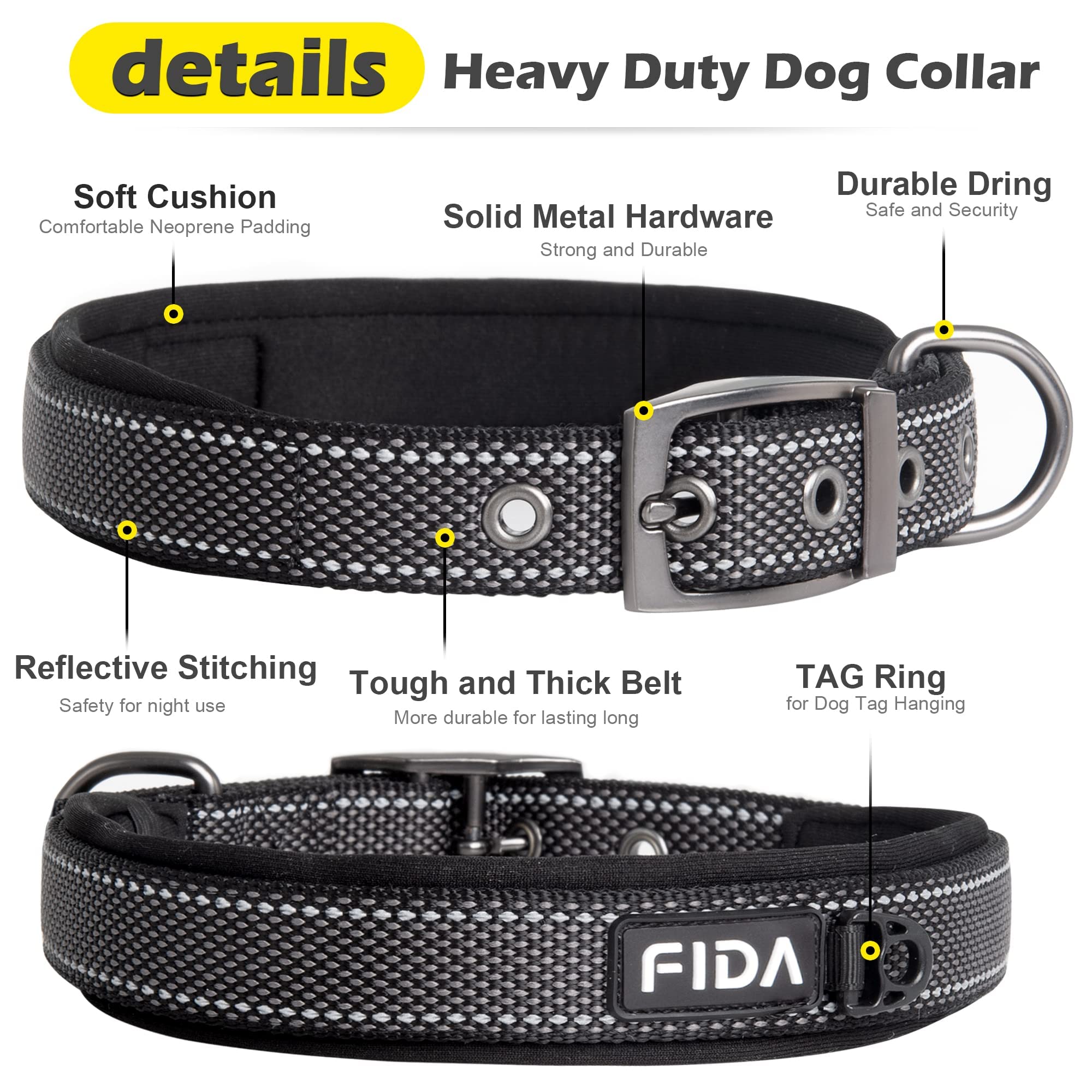 Fida Heavy Duty Dog Collar, Ultra Comfortable Soft Neoprene Padded, Adjustable Reflective Nylon Pet Collar With Durable Metal Be