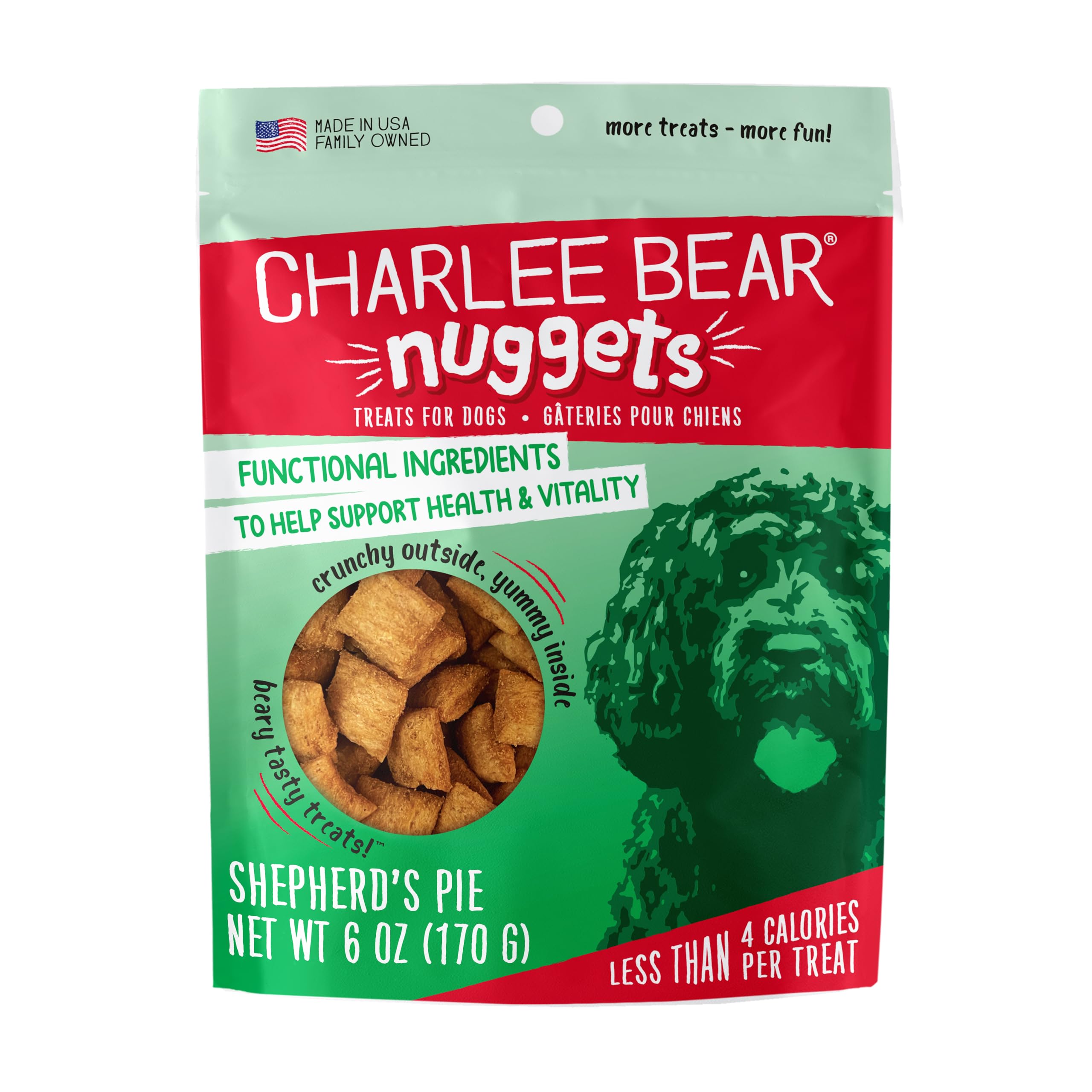Charlee Bear Nuggets Crunchy and Soft Dog Treats, Shepherds Pie, 6 Ounce Resealable Bag, Health and Vitality Support, Grain Free