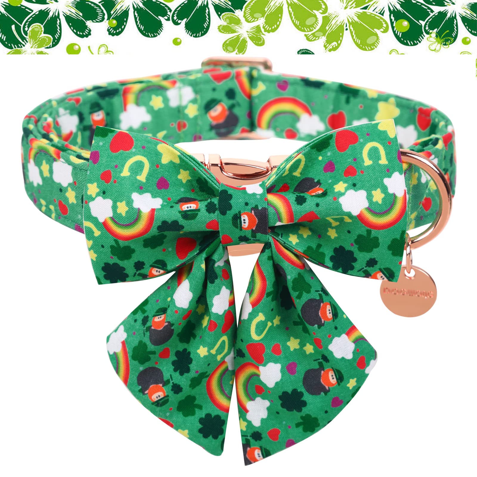 Dogwong Green Lucky Clover Shamrock Dog Collar With Bowtie, Soft Adjustable St. Patrick'S Day Lucky Charm Puppy Collar For Small