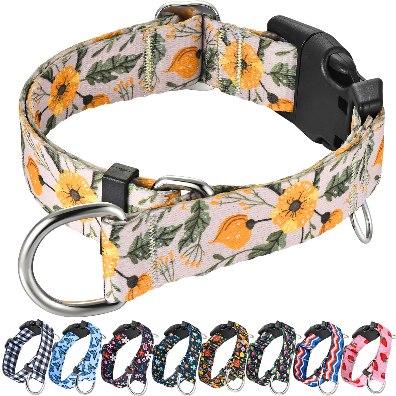 Fidohug Martingale Collar For Dogs With Buckle Adjustable Nylon Slip No Pull Training Dog Collars (Beige Floral, Large)