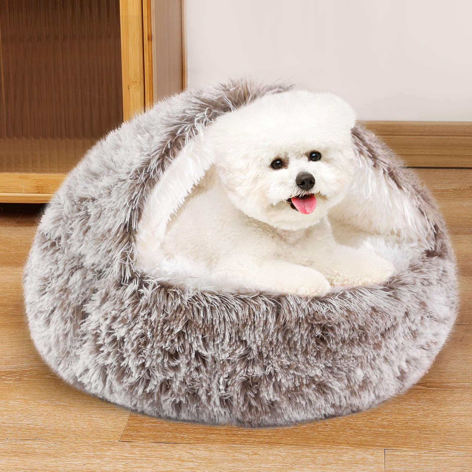 Noyal Round Hooded Donut Dog Bed For Small & Medium Pets - Plush Fluffy Anti-Anxiety Cat Cave Bed With Cover