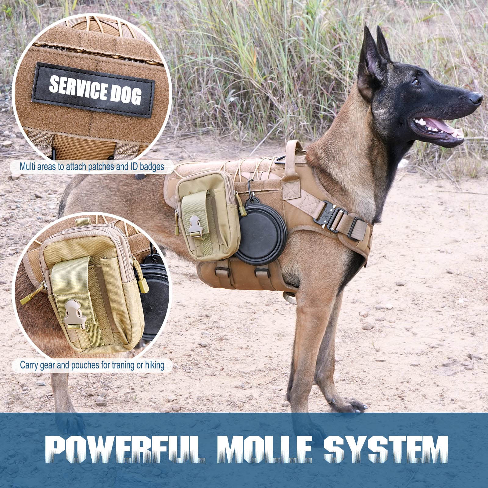 Petnanny Tactical Dog Harness - Service Dog Harness Emotional Support Dog Vest For Medium Large Dogs, No Pull Esa Dog Vest With Hook & Loop, Working Molle Vest For Training Huntin(Khaki,L)