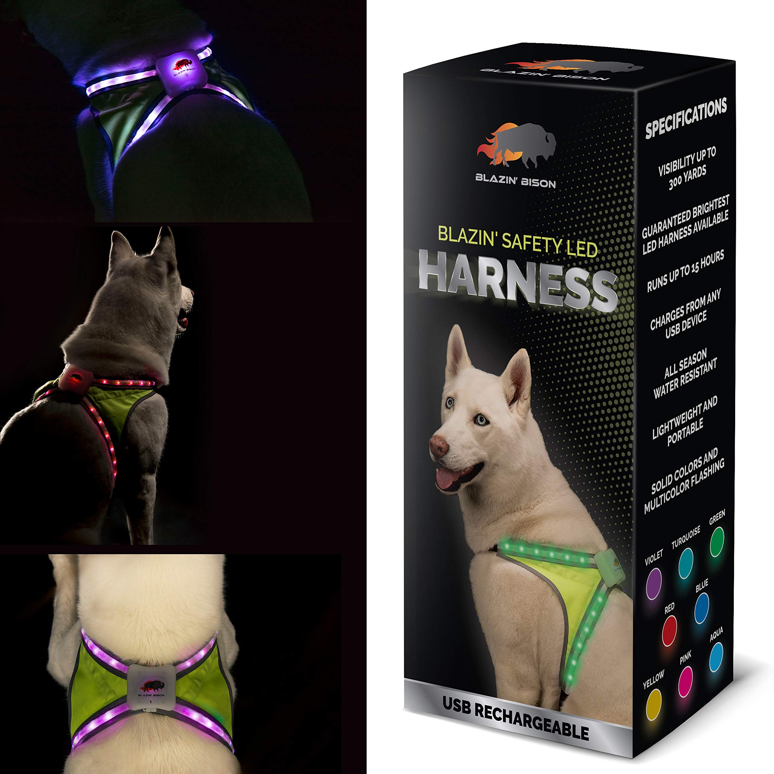 Blazin Safety Light Up Dog Harness - See Your Dog From 1000 Feet Away - Usb Rechargeable, Waterproof, Lightweight, Adjustable - 8 Led Colors And 6 Flashing Modes - Up To 15 Hour Runtime (Large)