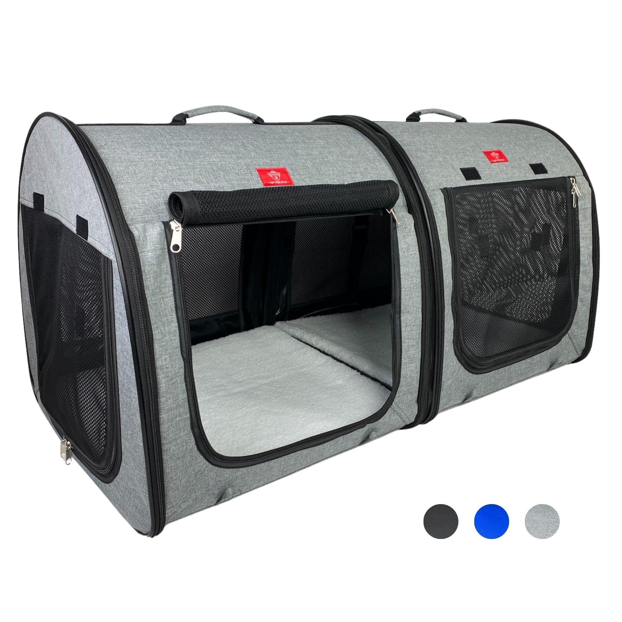 One for Pets Portable 2-in-1 Double Pet Kennel/Shelter, Fabric, Black/Royal Blue 20x20x39 - Car Seat-Belt Fixture Included (Gray