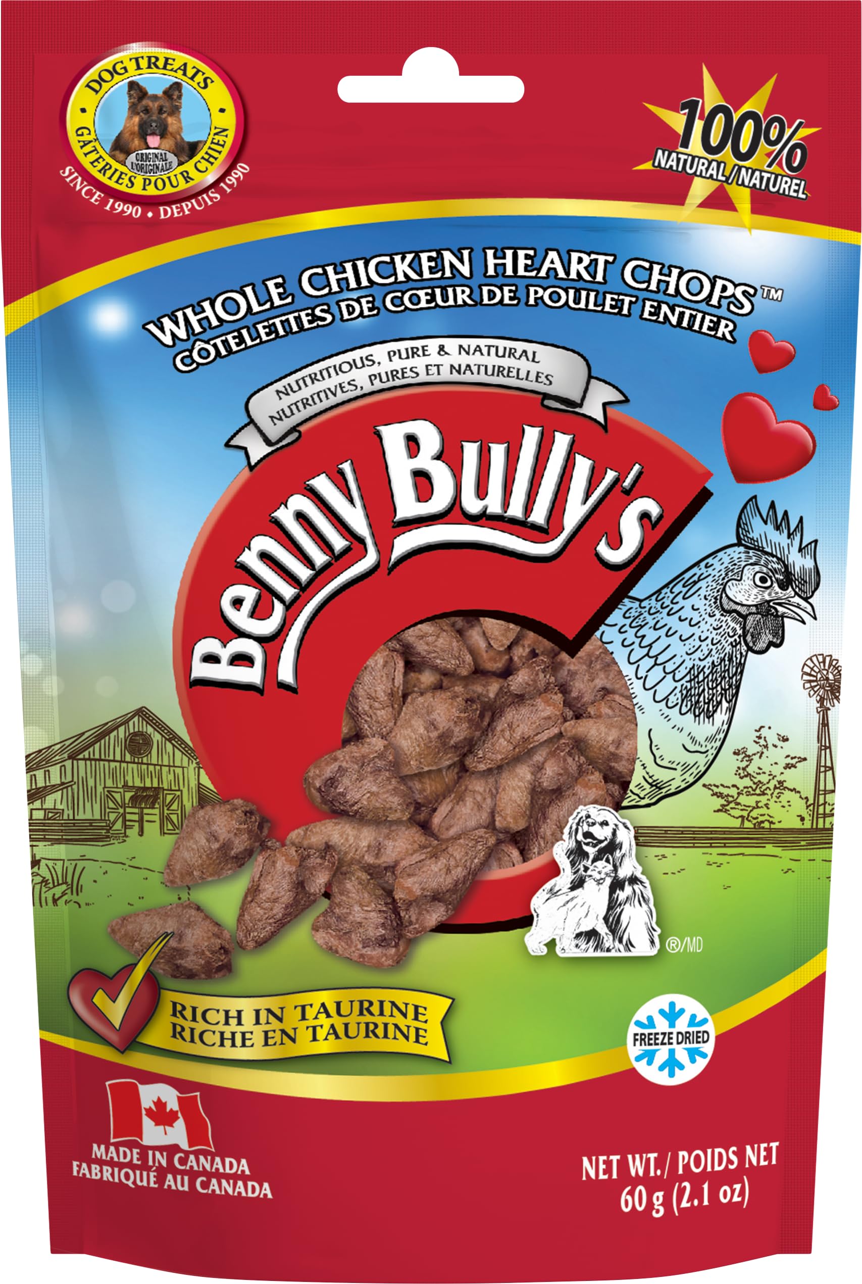 Benny Bullys Chicken Whole Heart Chops - Freeze Dried Dog Treats - 60g/ 2.1oz (2 Pack)