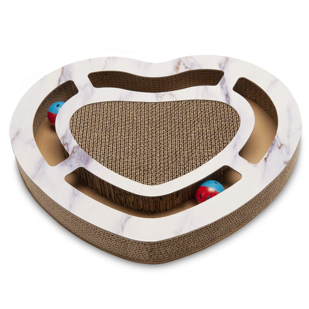 Furhaven Scratching Pad Ball Track Cat Toy W/ Catnip For Indoor Cats - Heart-Shaped Busy Box Scratcher - White Marble, One Size