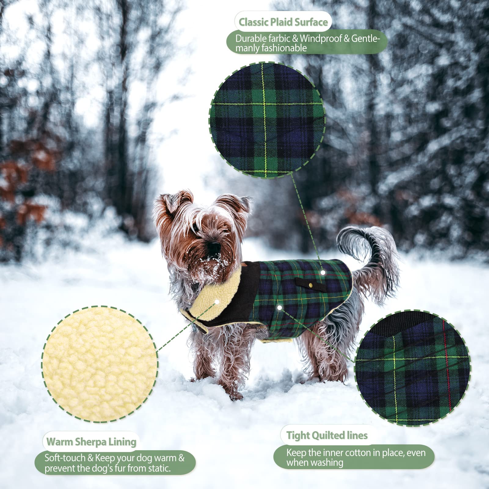 Preferhouse Winter Coat For Small And Medium Dogs, Puppy Plaid Jacket, Cotton Coat For Cold Weather, Windproof Warm Dog Garments, Pet Thickened Outfits Indoor Outdoor, Green Xs