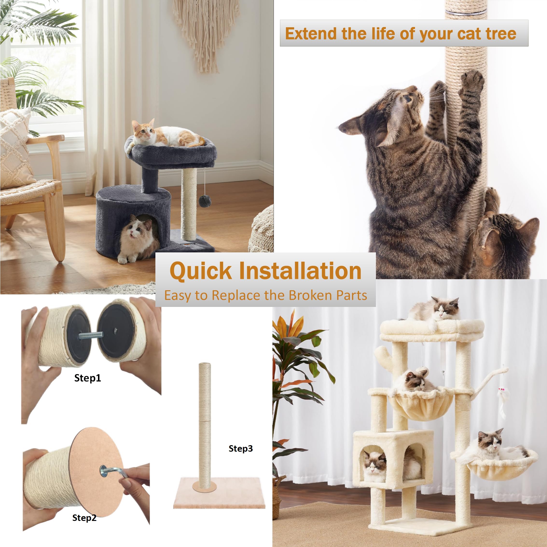 Cat Scratch Post, 8,11.8,15.7,19.6,31.5Inch Sisal Pole Cat Tree Replacement Post With M8 Screws, Indoor Cat Tower Spare Furnitur