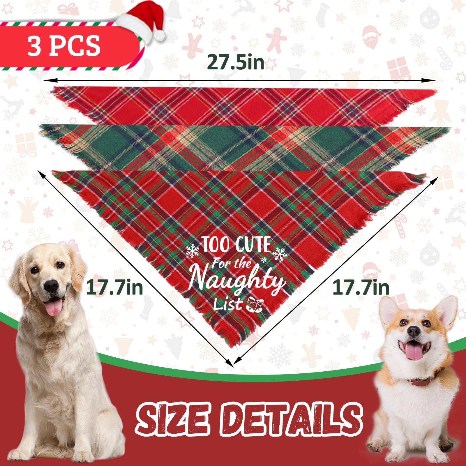 3 Pack Christmas Dog Bandanas With Tassels Edges Merry Christmas Printing Stylish Plaid Christmas Bandana Funny Xmas Scarf Bibs
