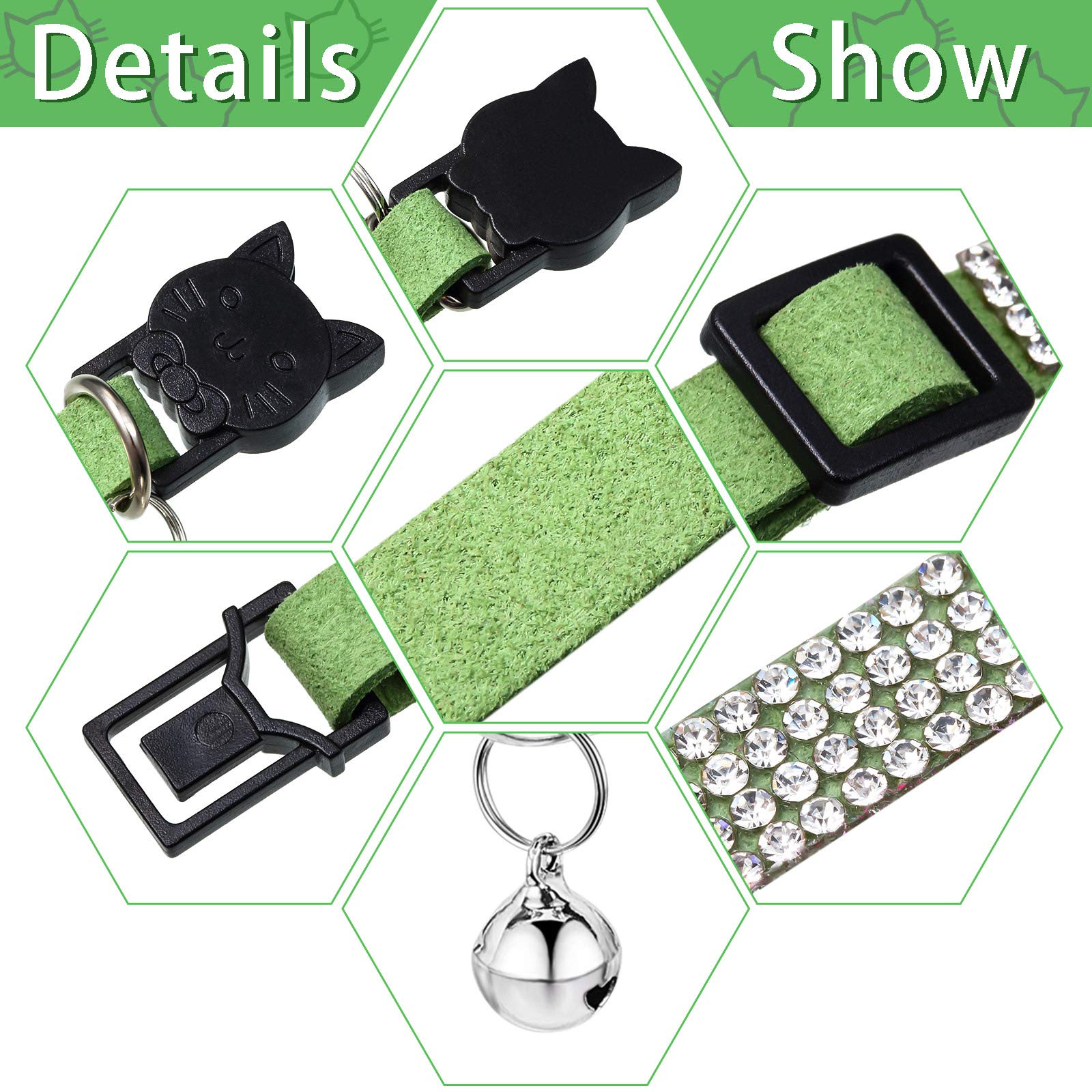 Weewooday 4 Pieces Rhinestones Cat Collars Breakaway Cat Collar With Bell Bling Pet Accessories With Soft Velvet, 4 Colors(Xs,Light Green, Light Blue, Light Purple, Rose Red)