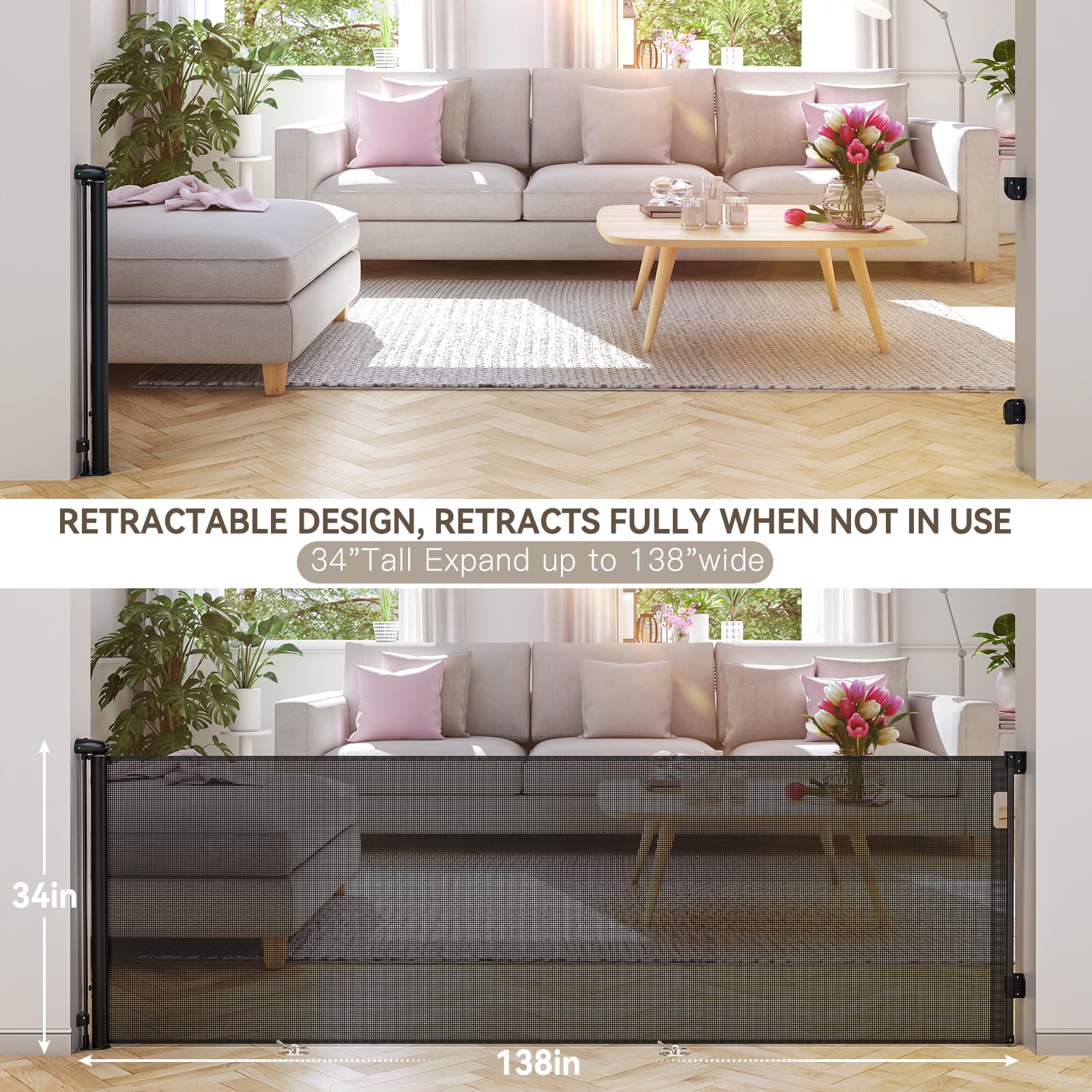 138 Inch Retractable Baby Gates Extra Wide, Uamector Mesh Baby Gate or Dog Gate,Toddler Pet Retractable Gate Adjustable Length f