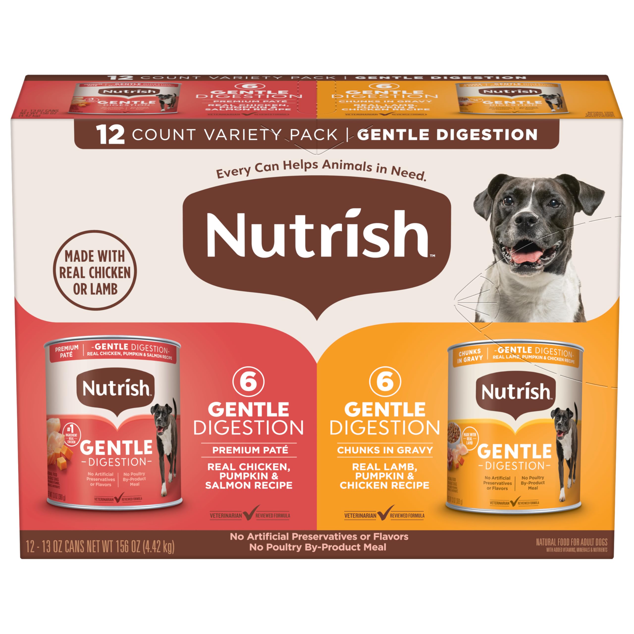 Nutrish Gentle Digestion Premium Pat   and Chunks in Gravy Variety Pack Wet Dog Food, 13 oz. Can, 12 Count (Rachael Ray)