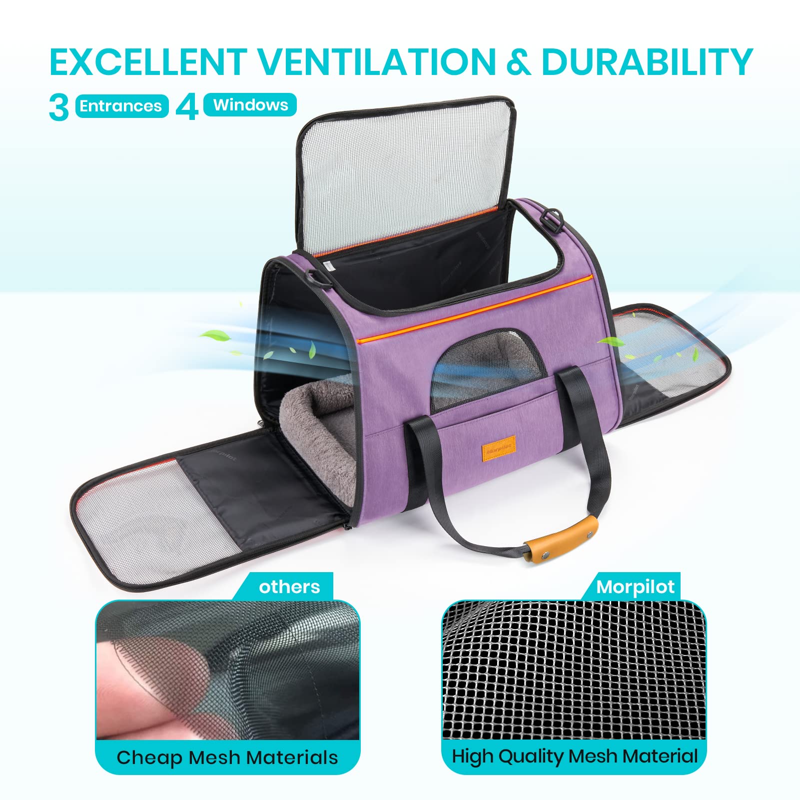 Morpilot Portable Cat Carrier - Soft Sided Cat Carrier For Medium Cats And Puppy Up To 15Lbs, Pet Carrier With Locking Safety Zi