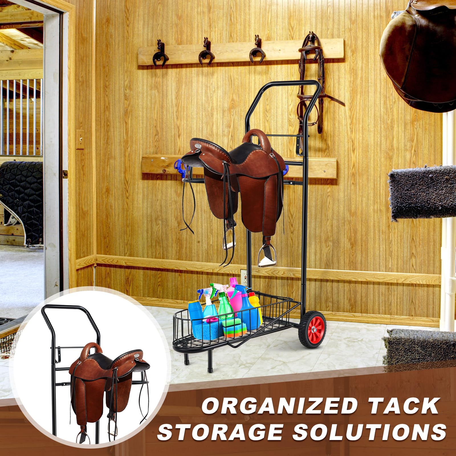 BBTO Rolling Saddle Rack Horse Tack Cart with Wheel Heavy Duty Horse Equipment Cart Dolly for Storage Moving Organize Transport