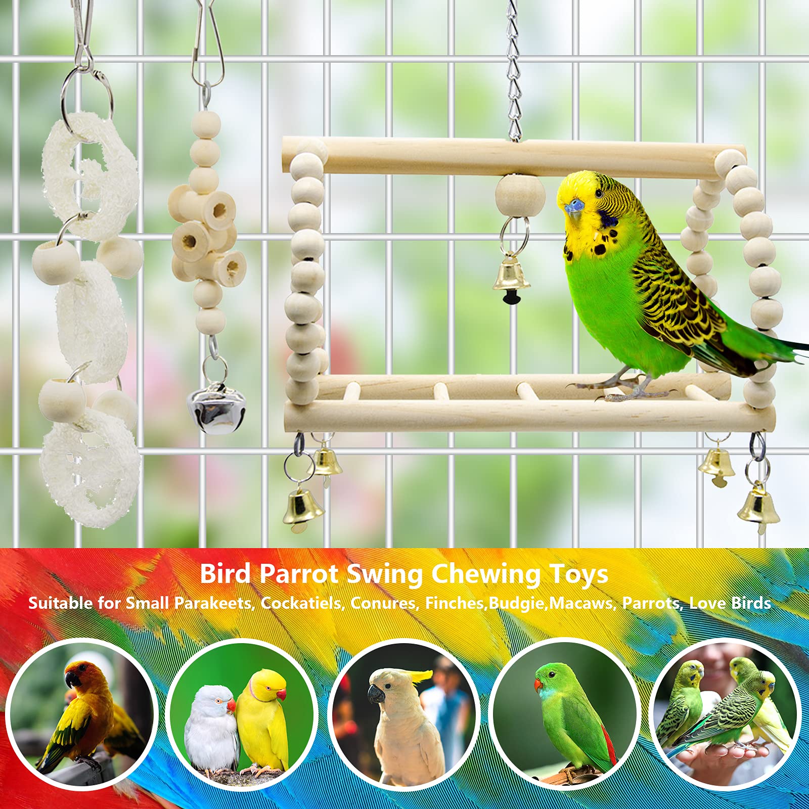 Deloky 7 Packs Bird Parrot Swing Chewing Toys-Hanging Bell Bird Cage Toys Suitable For Small Parakeets, Cockatiels, Conures, Finches,Budgie,Macaws, Parrots, Love Birds