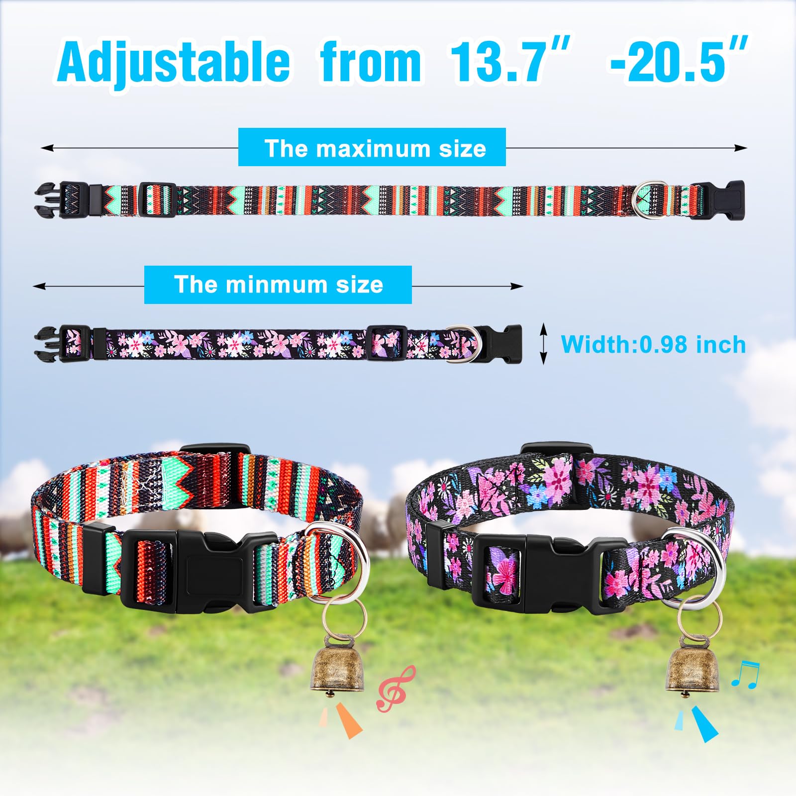 Yeyeplum 2 Pack Goat Collars With Bells, Sheep Grazing Copper Bells And Adjustable Nylon Collar Set Loud Bronze Bell For Farm An