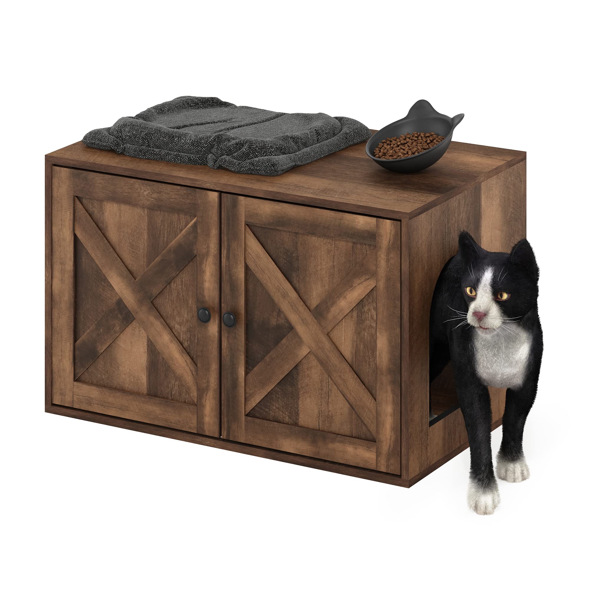 Furinno Peli Farmhouse Cat Litter Box Enclosure, Rustic Brown