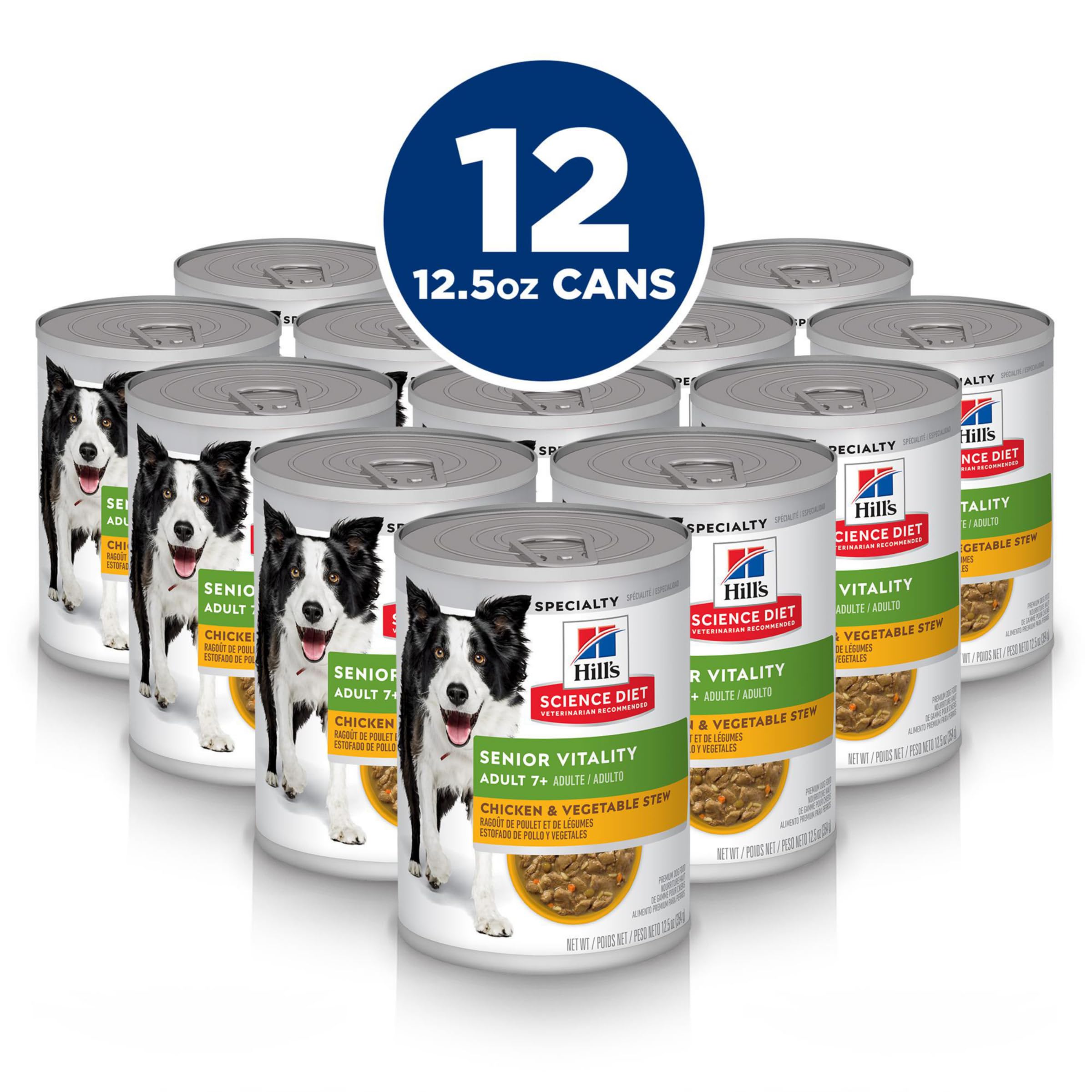 Hills Science Diet Senior Vitality Adult 7+ Wet Dog Food, Chicken & Vegetable Stew, 12.5 oz. Cans, 12-Pack